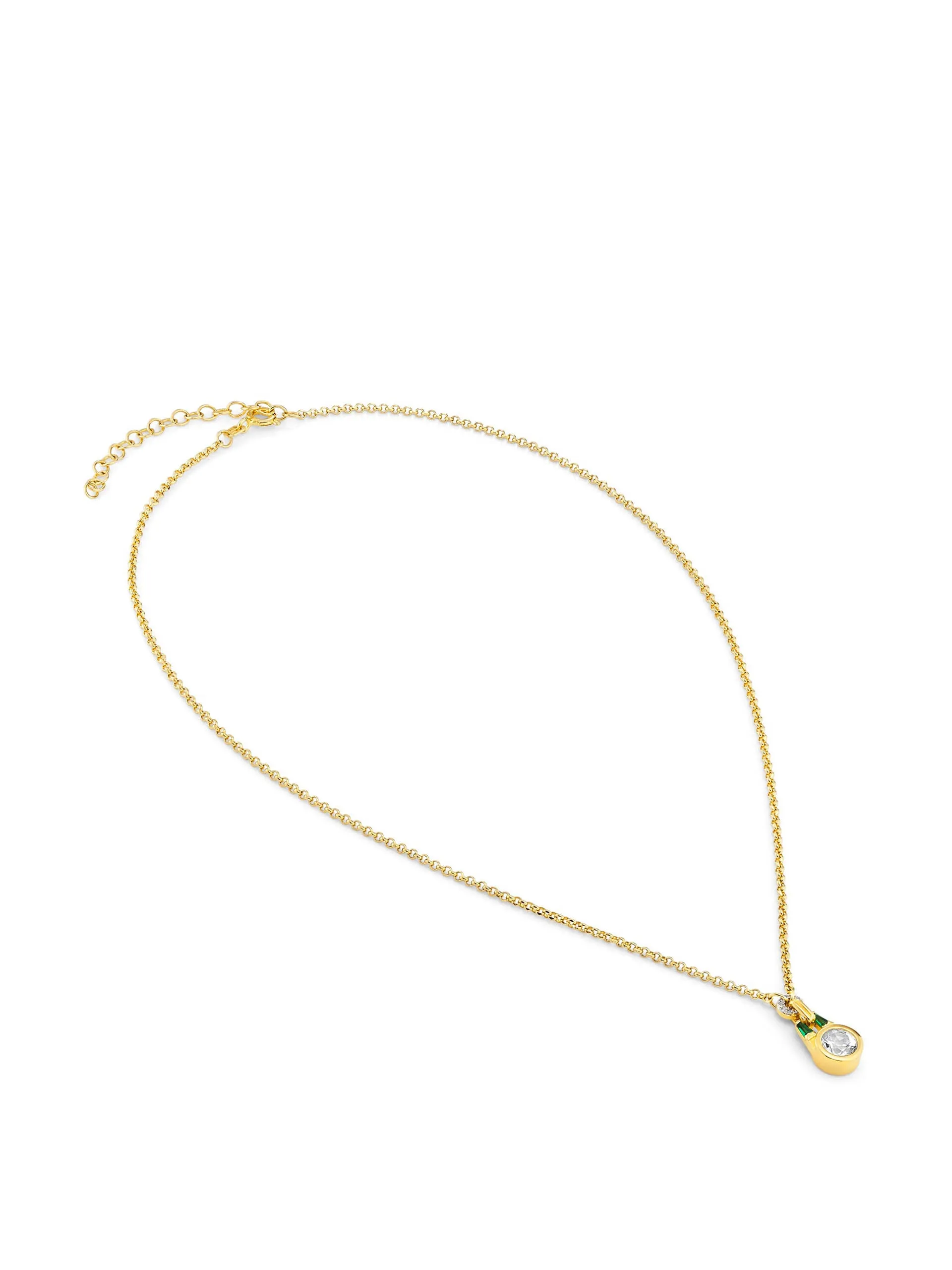 Gold Olive gold necklace with white topaz and emerald green stone