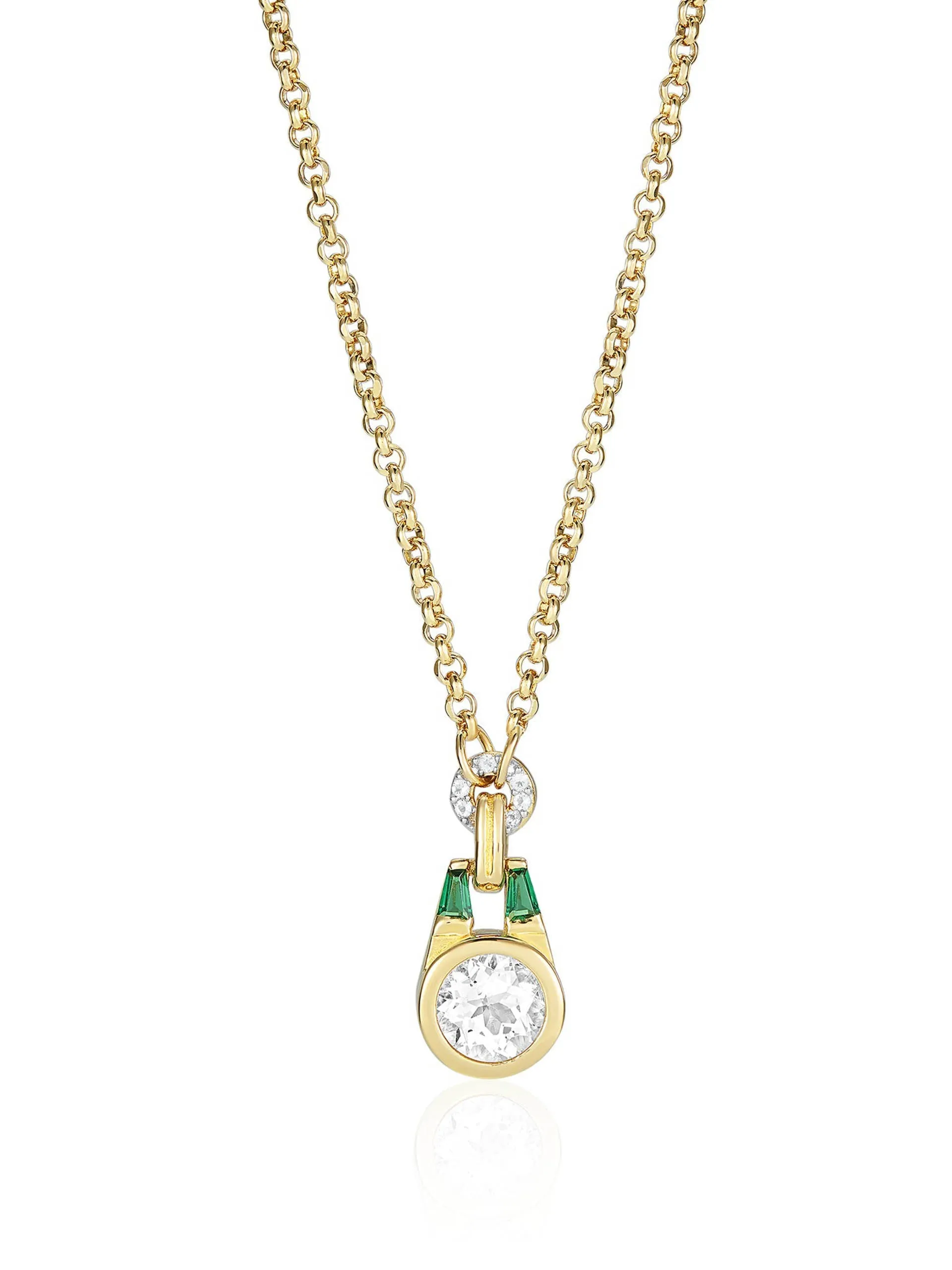 Gold Olive gold necklace with white topaz and emerald green stone