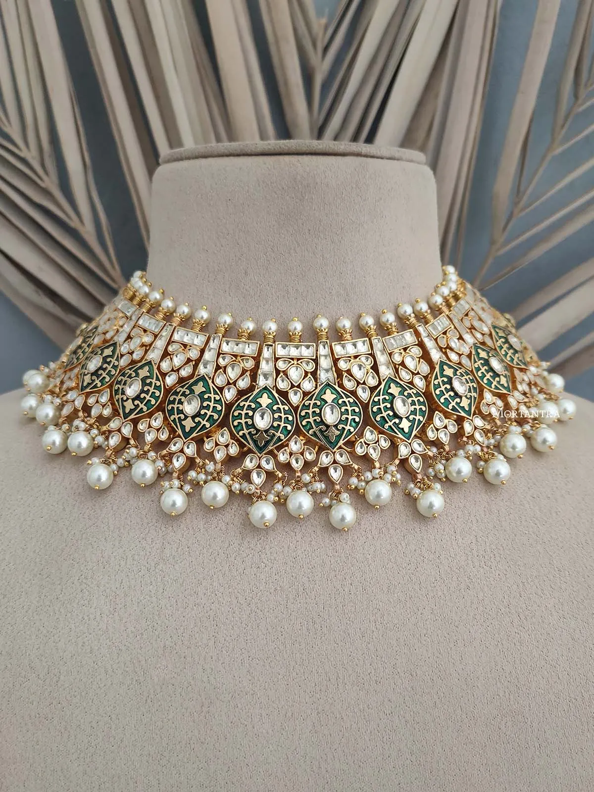 Green Color Gold Plated Jadau Kundan Bridal Necklace Set - MS1350B