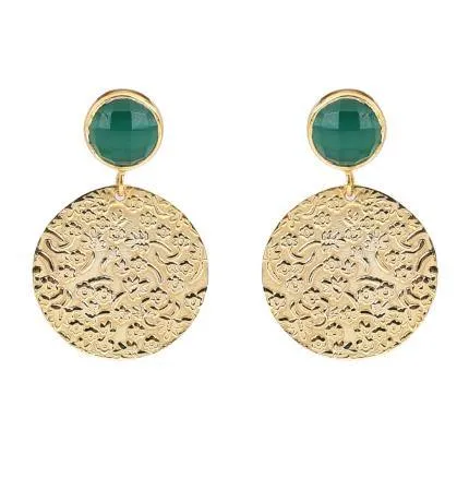 Green Onyx and gold Azteca earrings