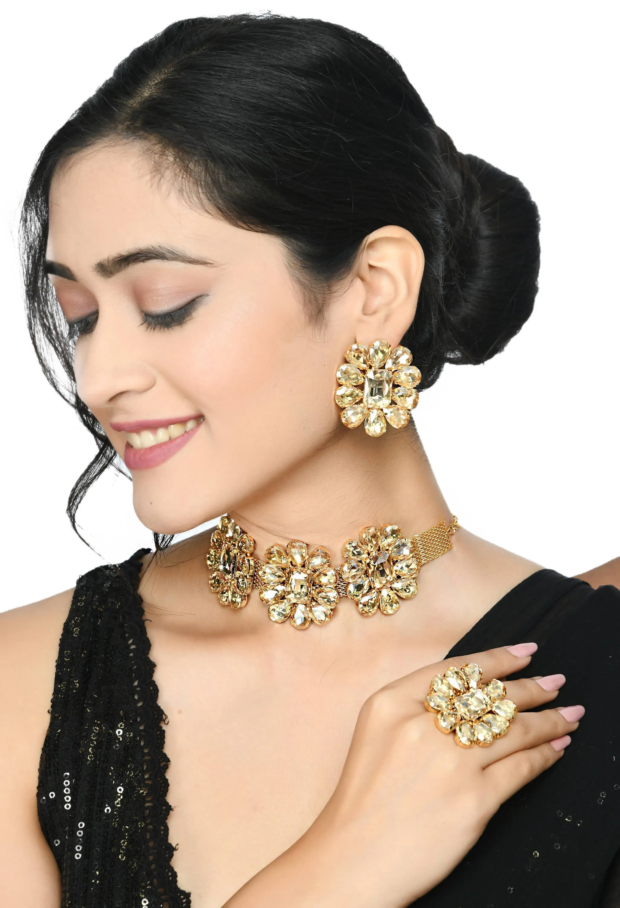 Johar Kamal Golden Plating Designer Choker Set with Earrings, Ring Jkms_172