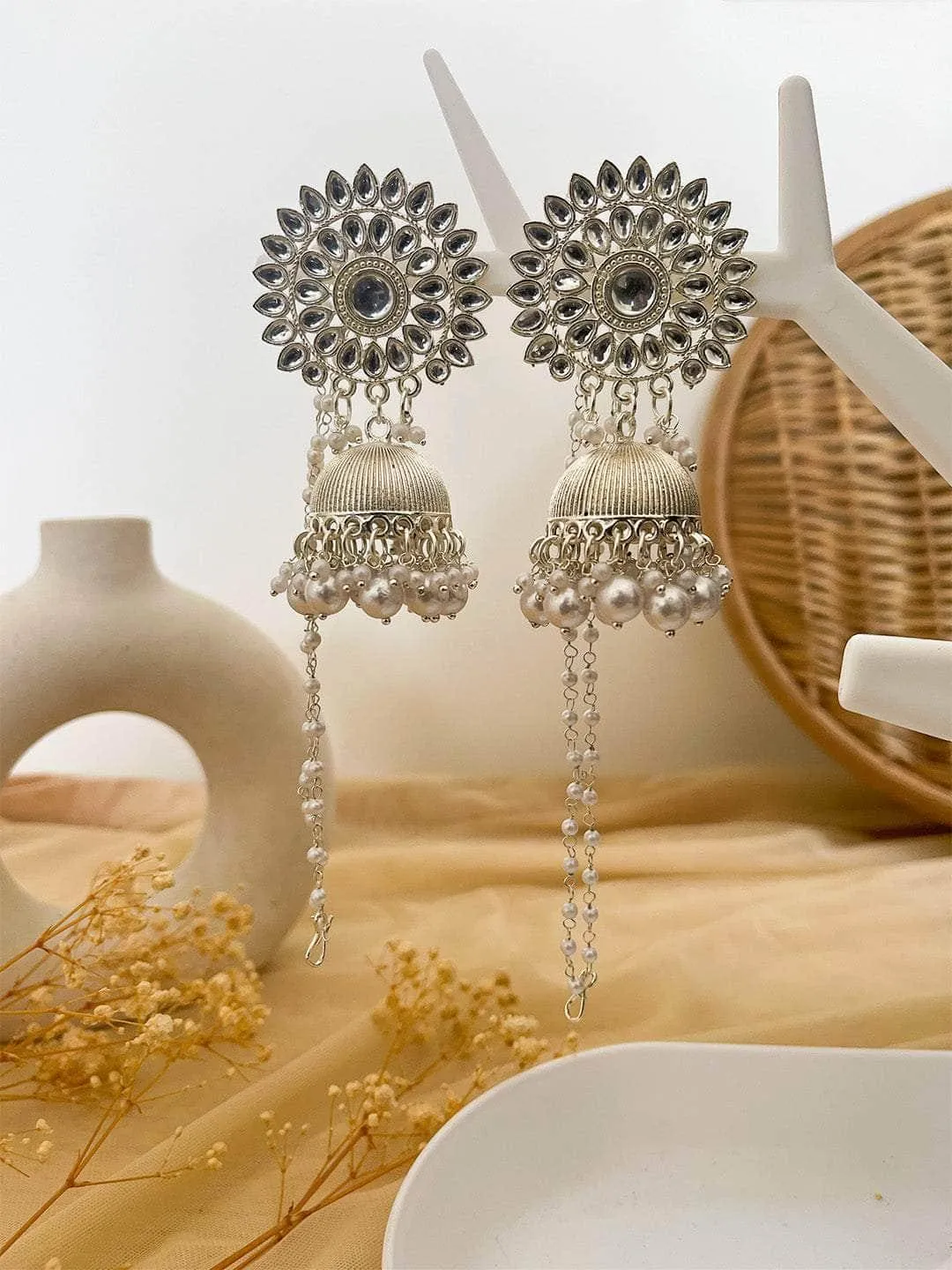 Kundan Studded Silver Jhumkas
