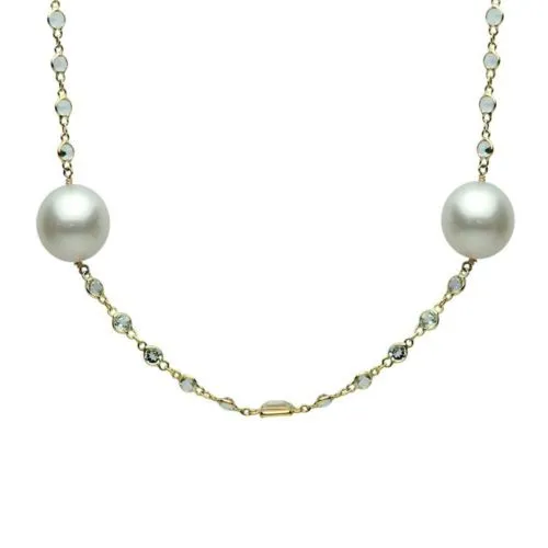 LARGE & LONG 20.0CT AAA WHITE TOPAZ & SOUTH SEA PEARL 14KT YELLOW GOLD NECKLACE