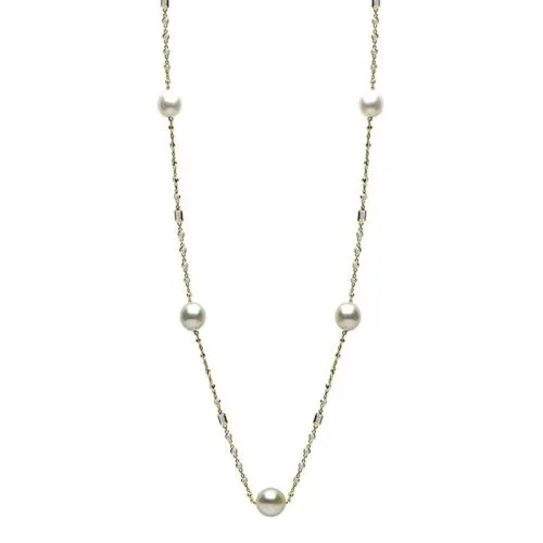 LARGE & LONG 20.0CT AAA WHITE TOPAZ & SOUTH SEA PEARL 14KT YELLOW GOLD NECKLACE