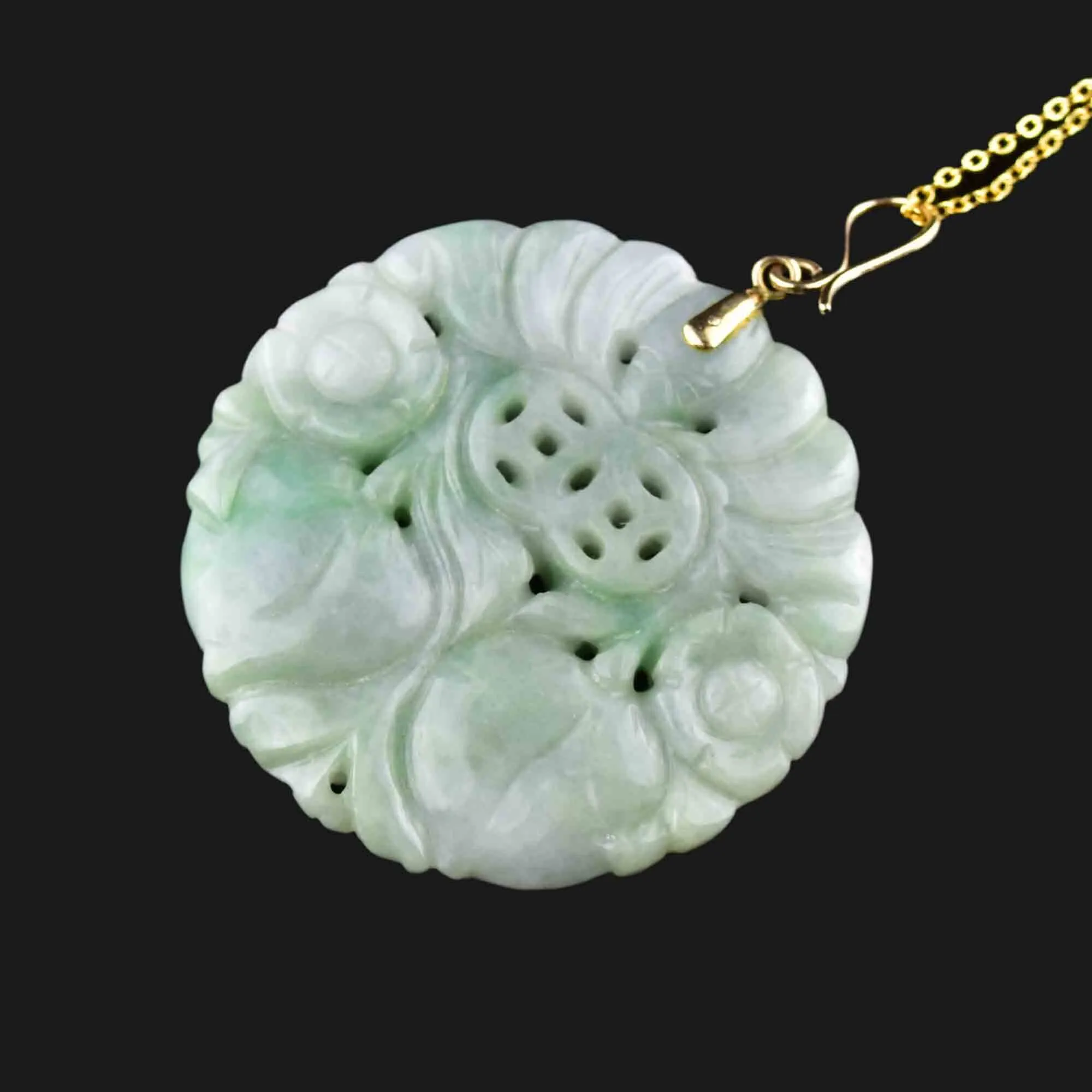 Large Vintage 14K Gold Carved Jade Pendant Necklace