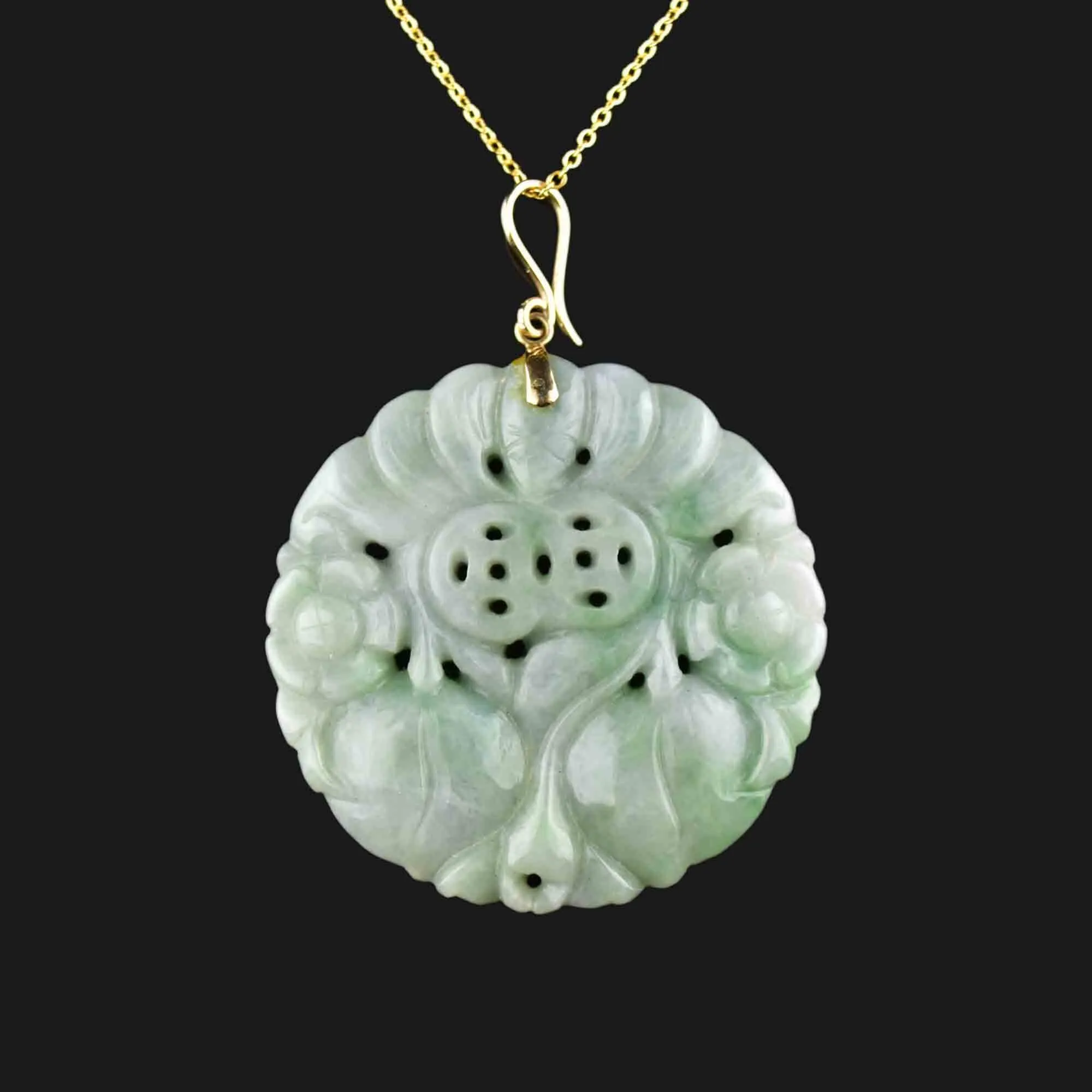 Large Vintage 14K Gold Carved Jade Pendant Necklace