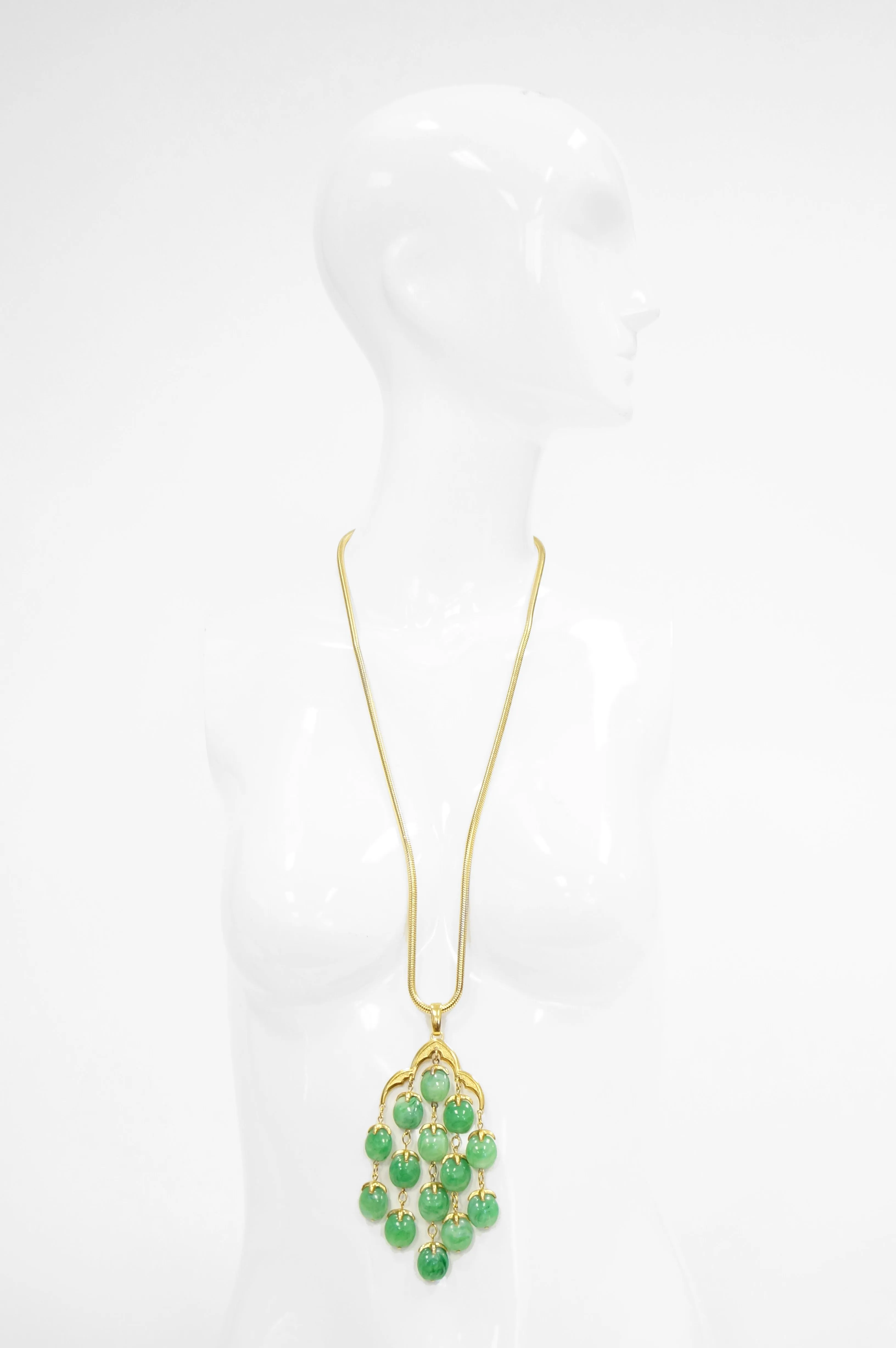 Late 1960s Trifari Long Jade Green Lucite Waterfall Necklace