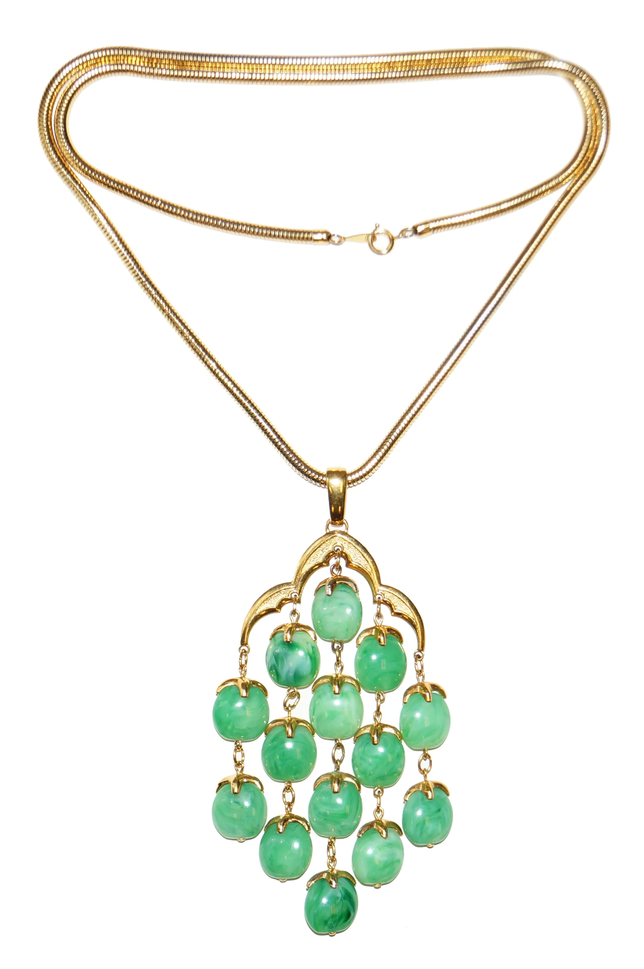 Late 1960s Trifari Long Jade Green Lucite Waterfall Necklace