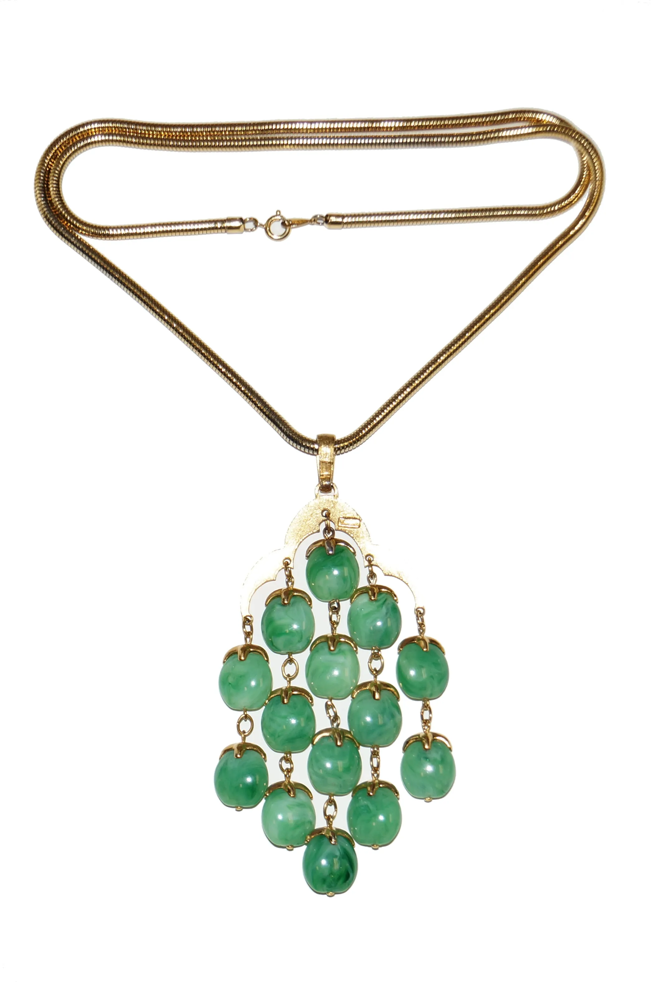 Late 1960s Trifari Long Jade Green Lucite Waterfall Necklace