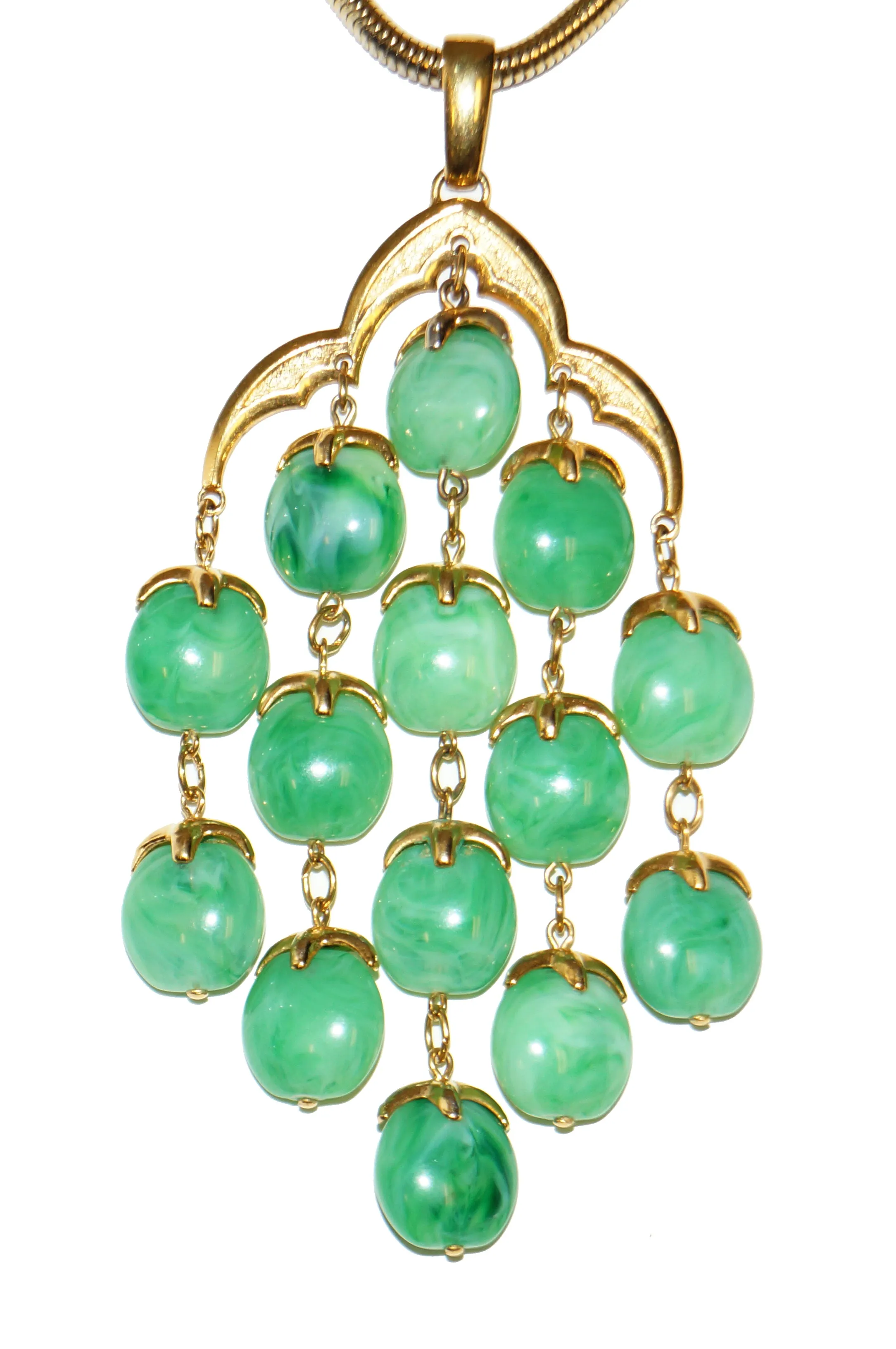 Late 1960s Trifari Long Jade Green Lucite Waterfall Necklace