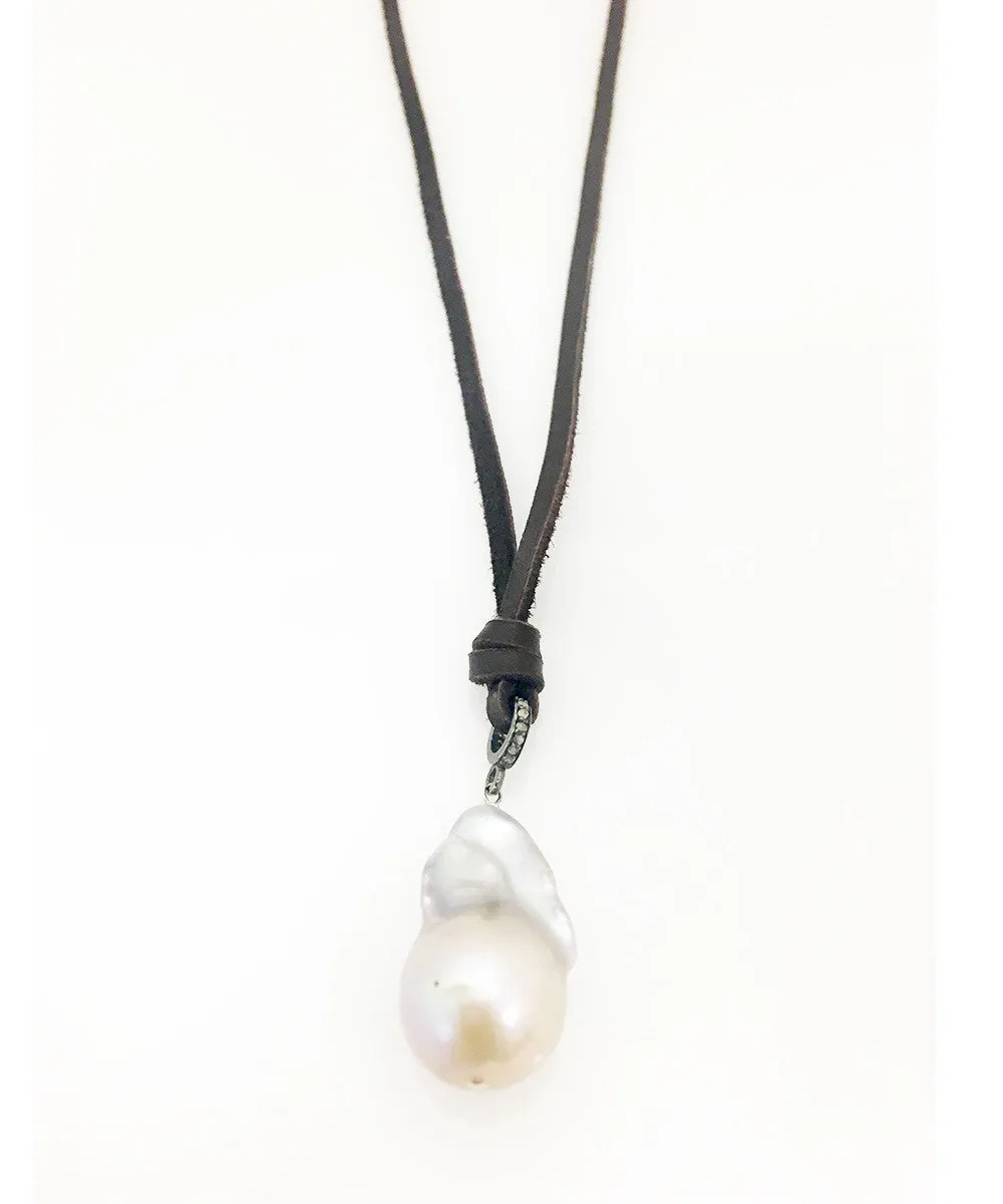 Margo Morrison Grey Baroque Pearl Drop necklace on Deerskin