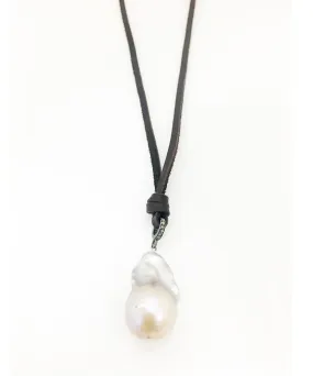 Margo Morrison Grey Baroque Pearl Drop necklace on Deerskin