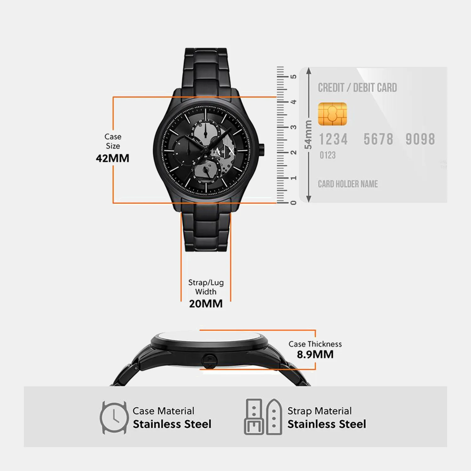Men Quartz Black Dial Multi-Function Stainless Steel Watch AX7160SET
