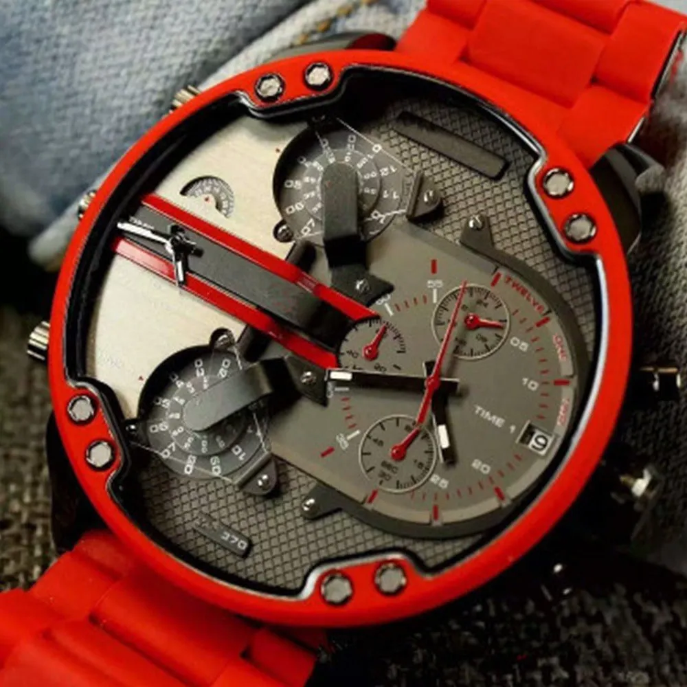 Men's Versatile Fashion Handsome Super Large Dial Double Inserts Rubber Coated Steel Belt Quartz Watch