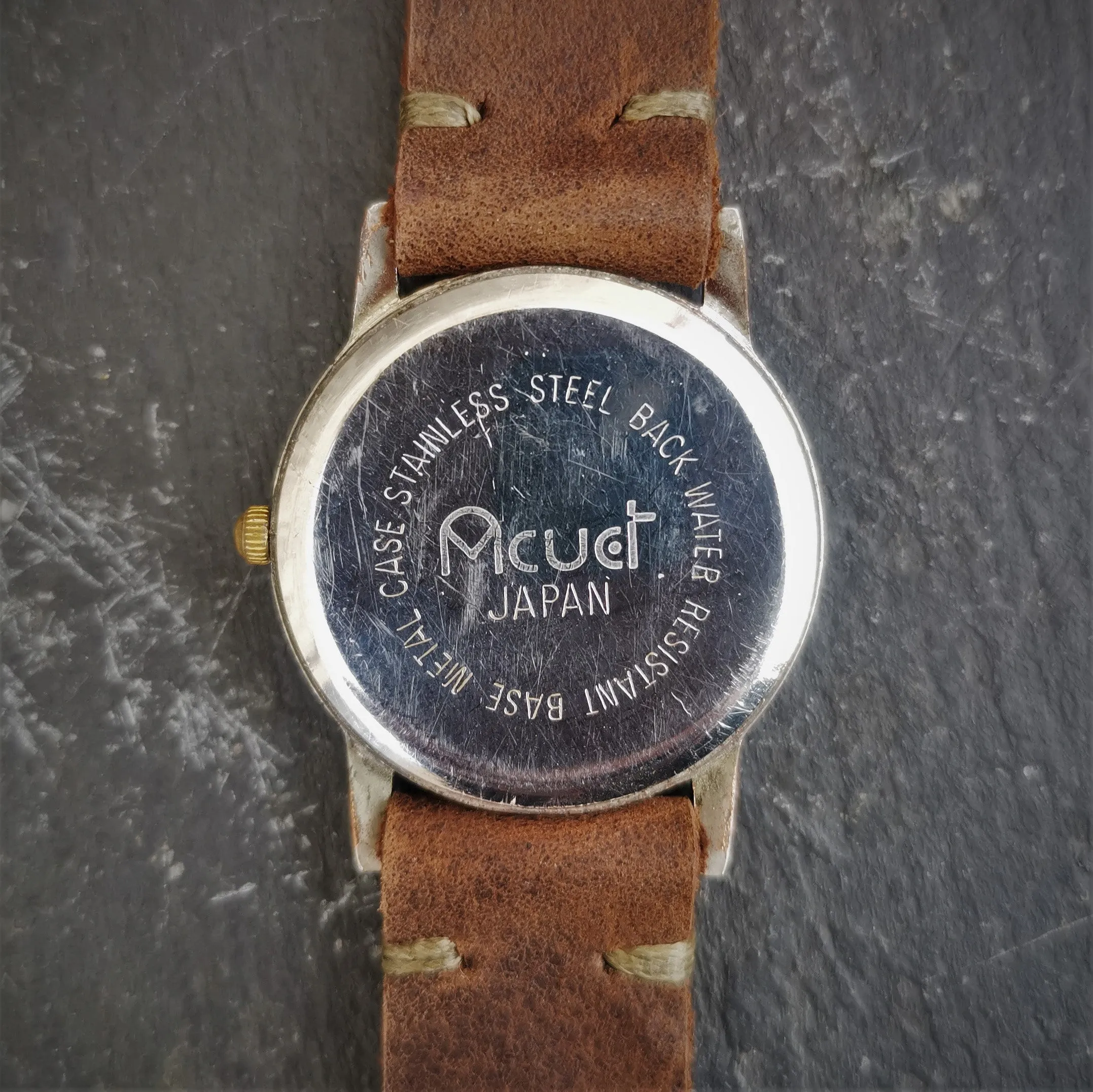 Men's Vintage Acuct JAPAN Quartz Watch - With Hand Crafted Real Leather Strap