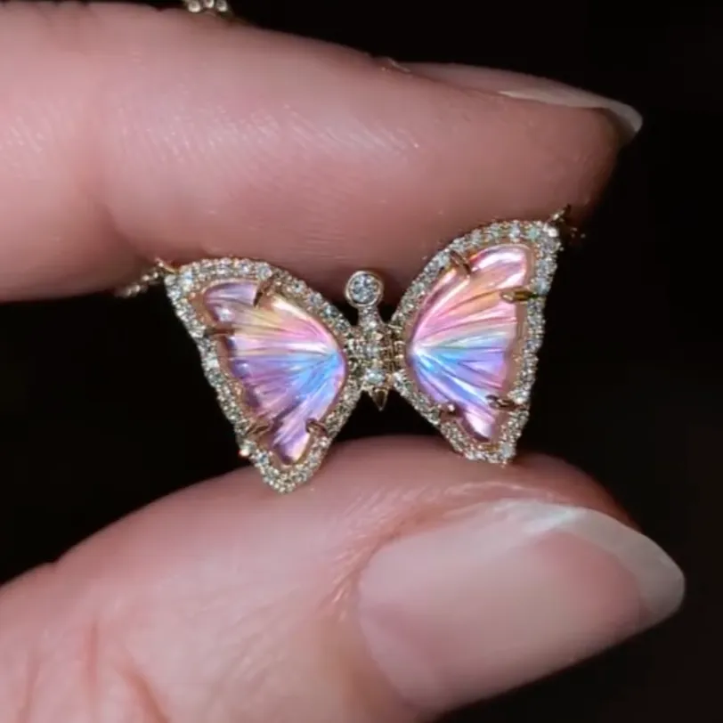 Mini Sunset Rainbow Pearl and Topaz Butterfly Necklace with Diamonds