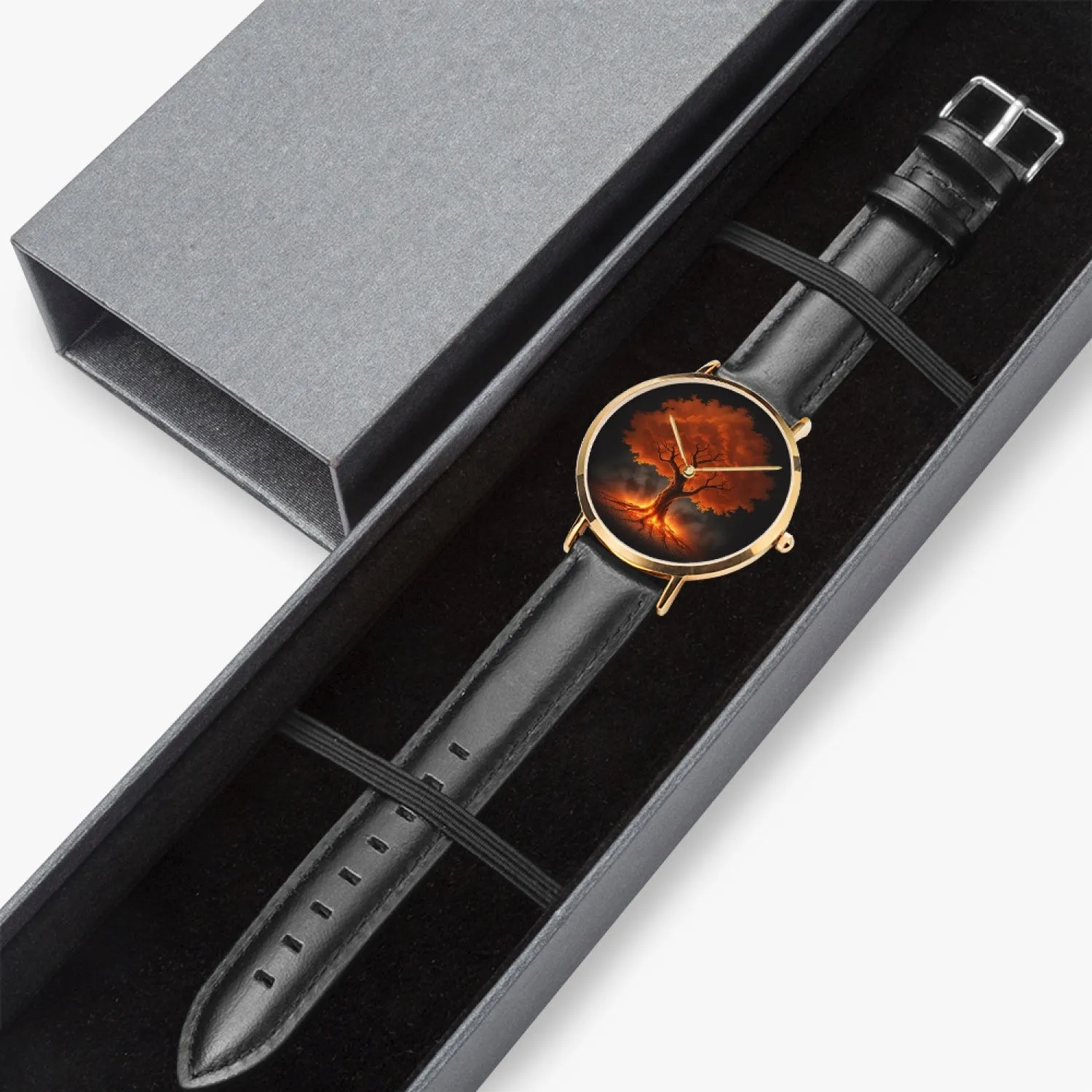 Montre à quartz avec bracelet en cuir ultra-fin (or rose) "Arbre rouge" (161)