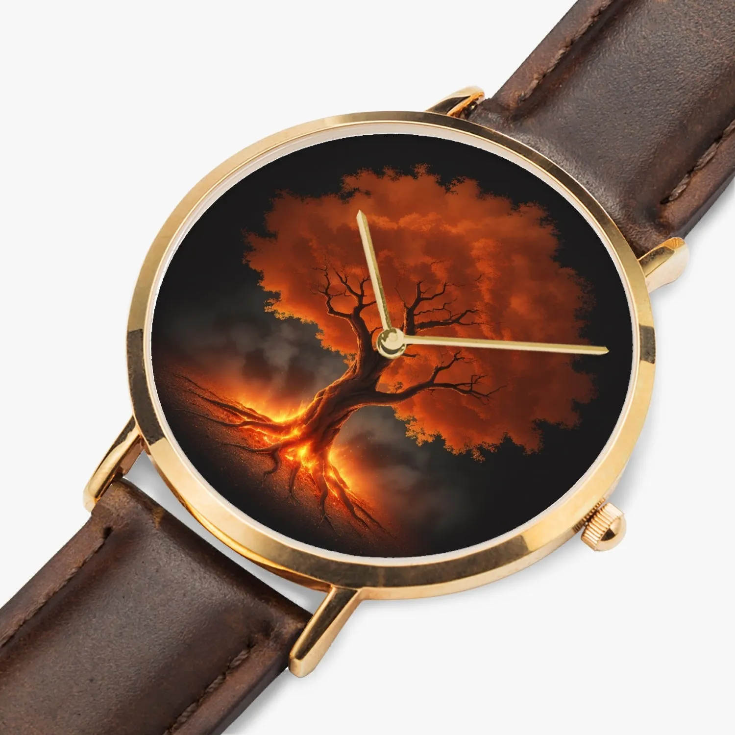 Montre à quartz avec bracelet en cuir ultra-fin (or rose) "Arbre rouge" (161)