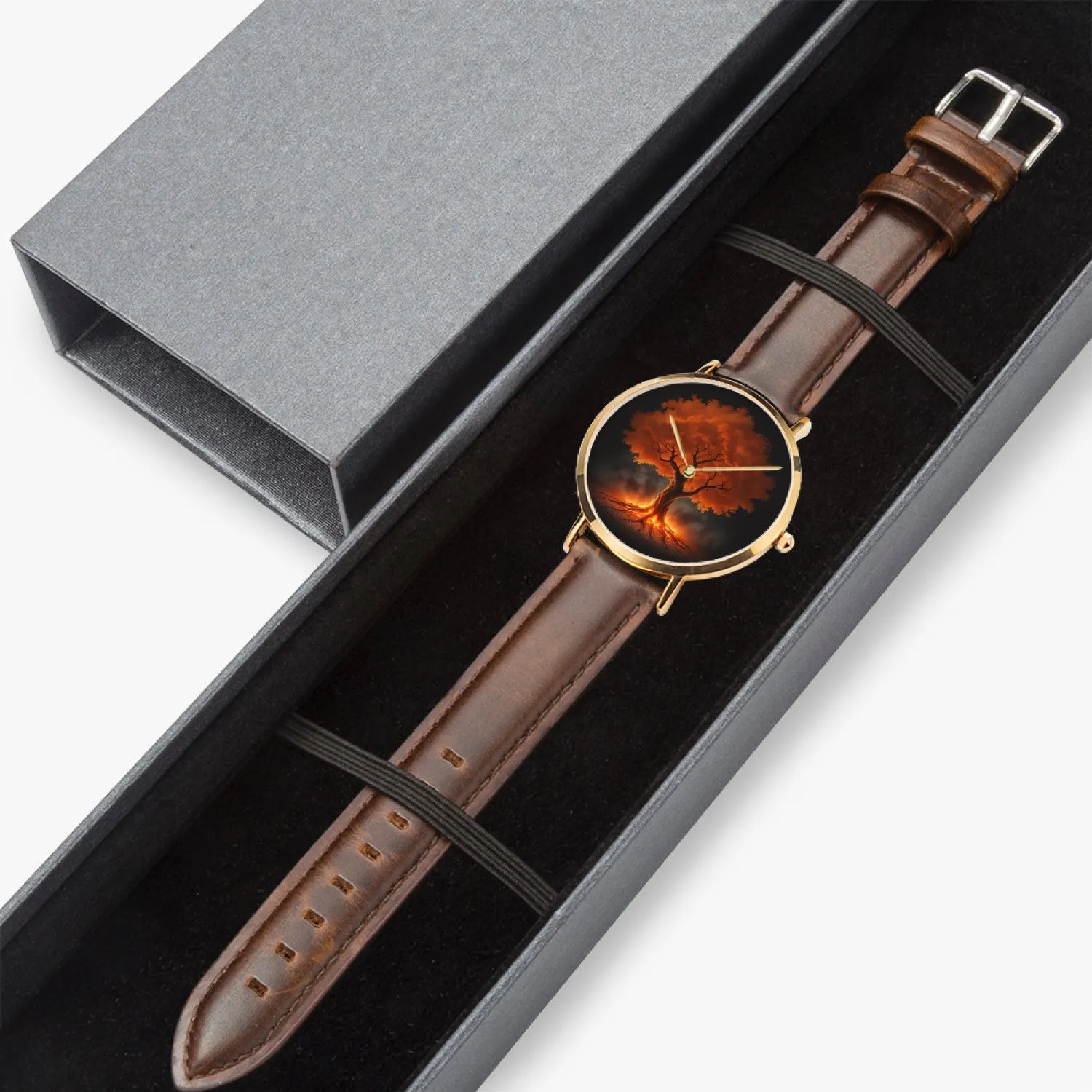 Montre à quartz avec bracelet en cuir ultra-fin (or rose) "Arbre rouge" (161)