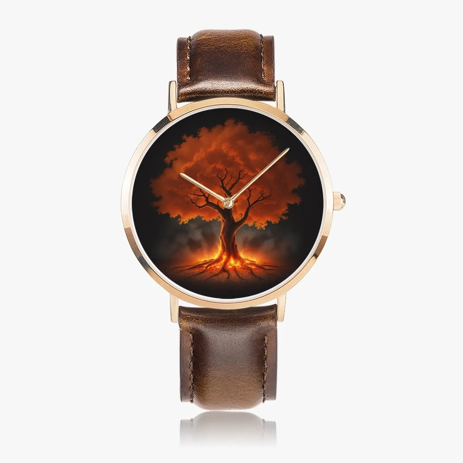 Montre à quartz avec bracelet en cuir ultra-fin (or rose) "Arbre rouge" (161)