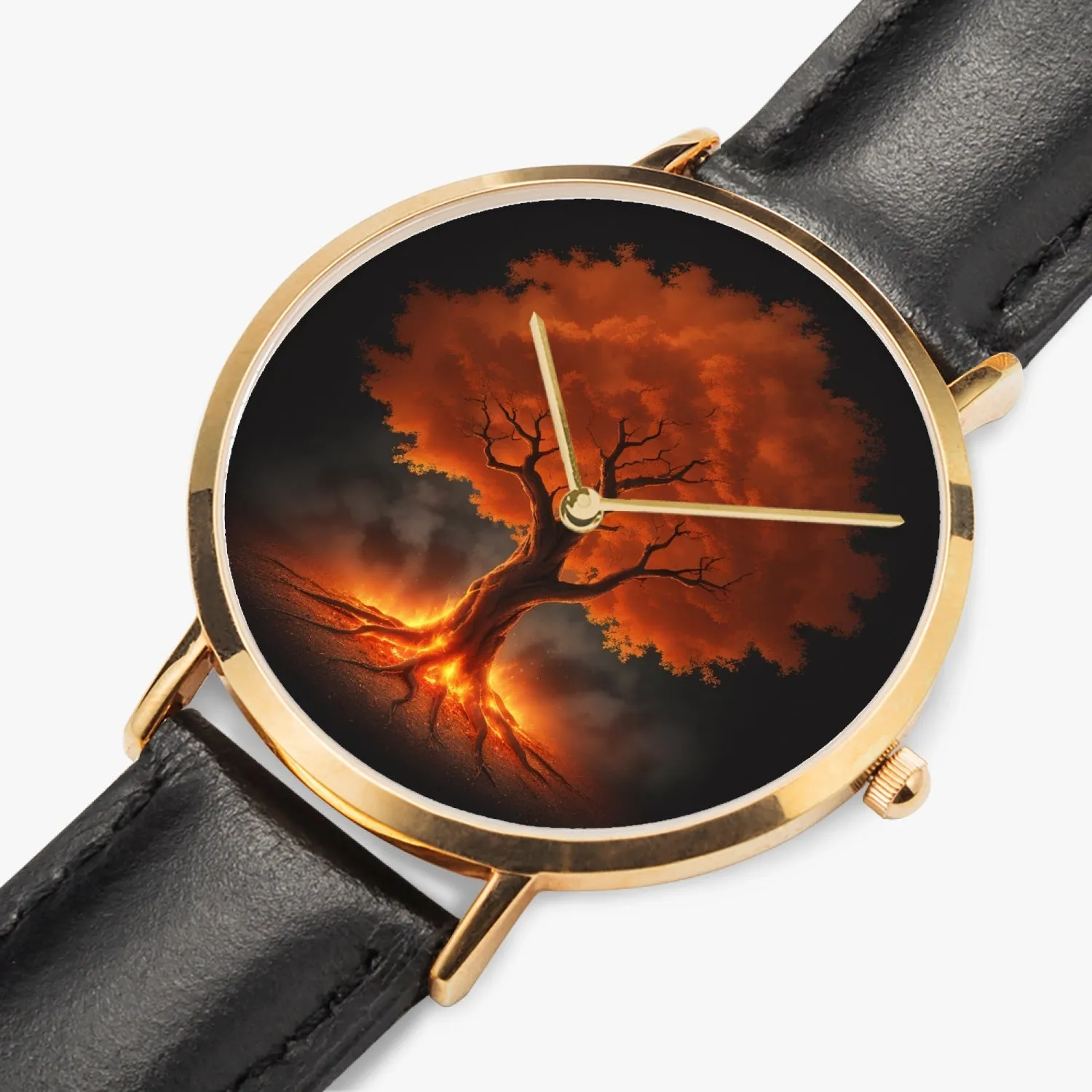 Montre à quartz avec bracelet en cuir ultra-fin (or rose) "Arbre rouge" (161)