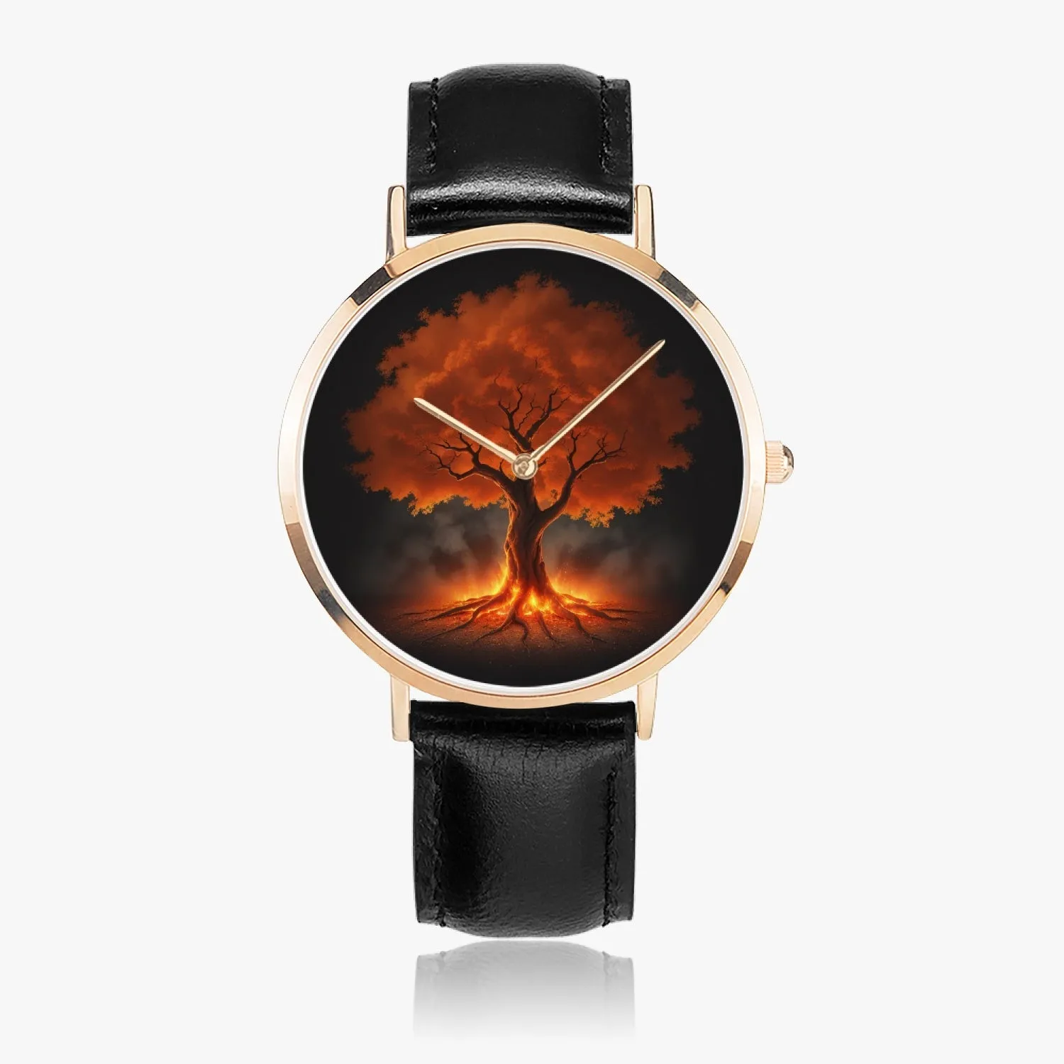 Montre à quartz avec bracelet en cuir ultra-fin (or rose) "Arbre rouge" (161)