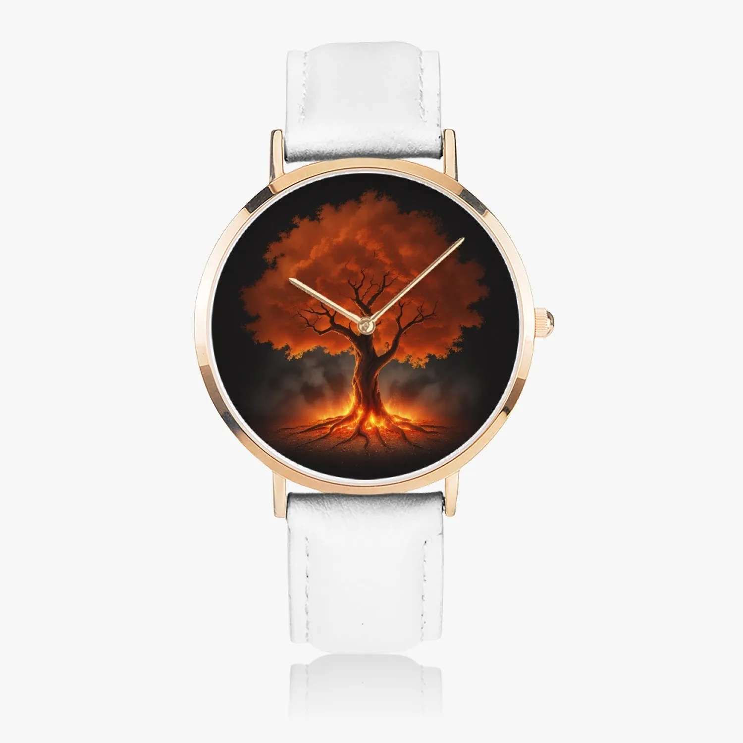 Montre à quartz avec bracelet en cuir ultra-fin (or rose) "Arbre rouge" (161)