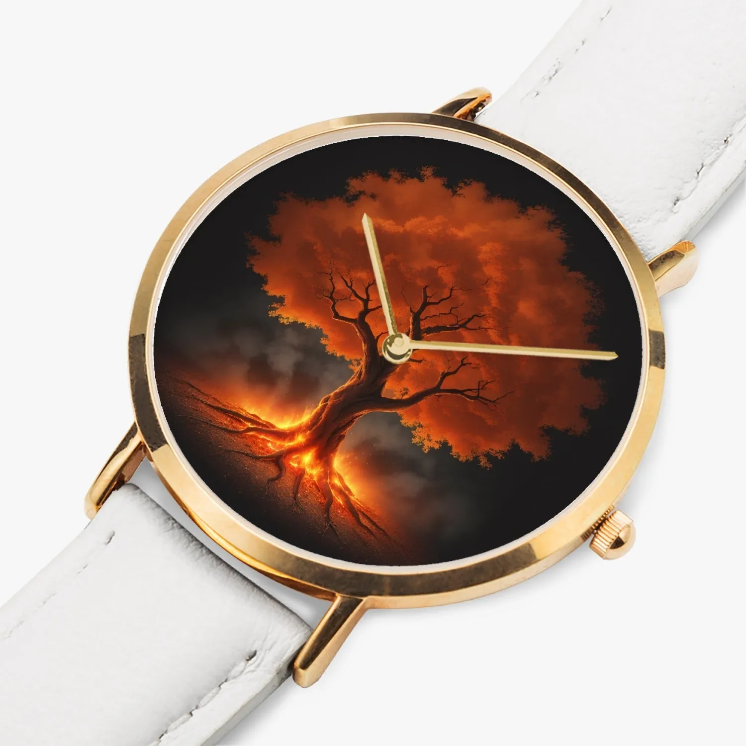 Montre à quartz avec bracelet en cuir ultra-fin (or rose) "Arbre rouge" (161)