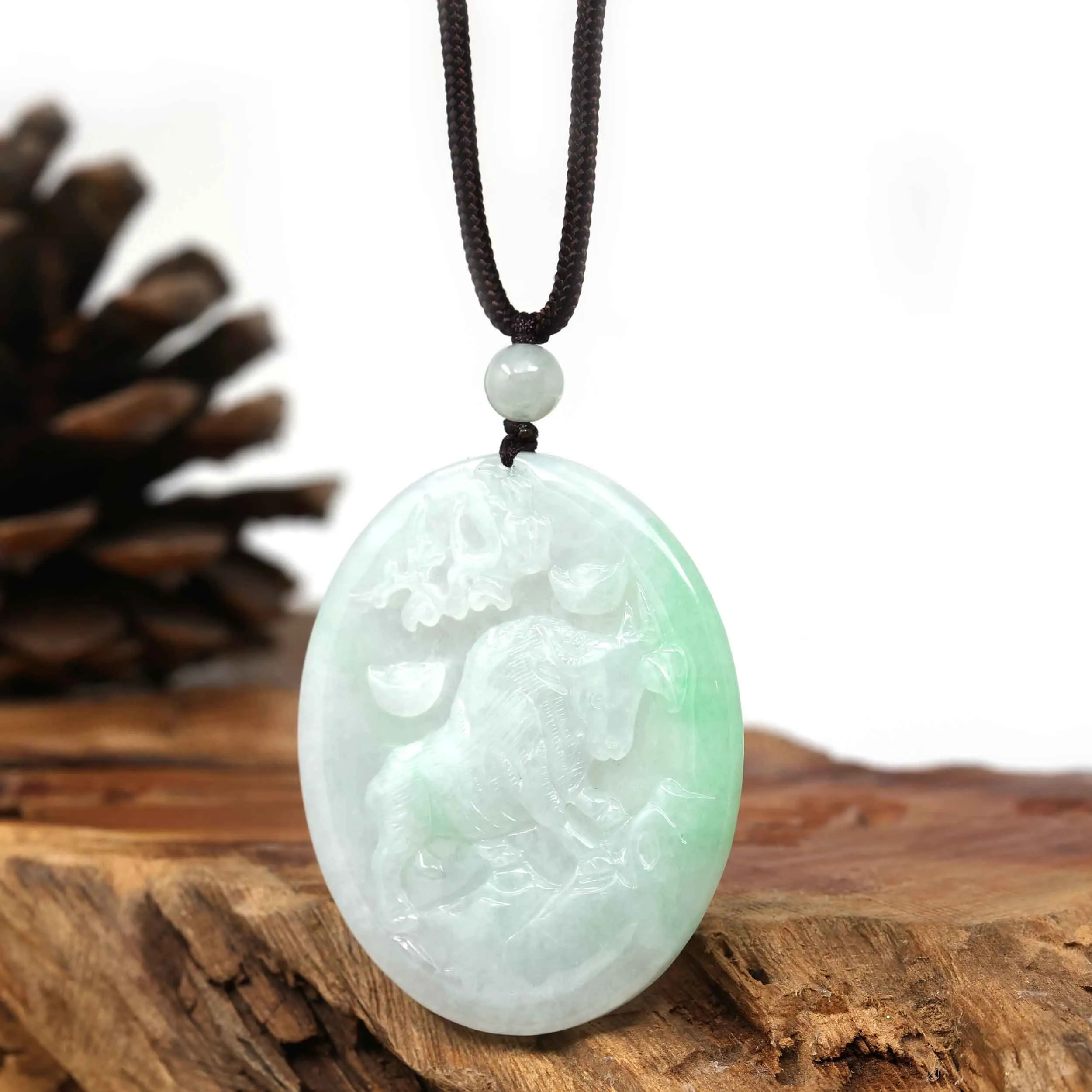 Natural Green Jadeite Jade "Bull" Zodiac Pendant Necklace For Men, Collectibles.