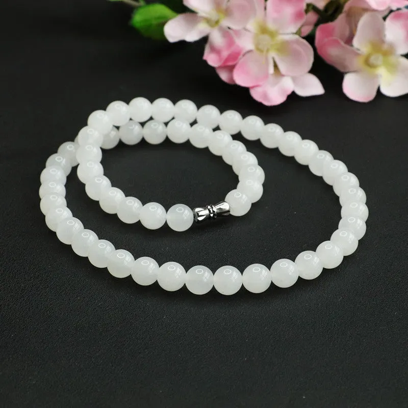 Natural Hetian Jade Necklace, White Jade Bead String Jewelry