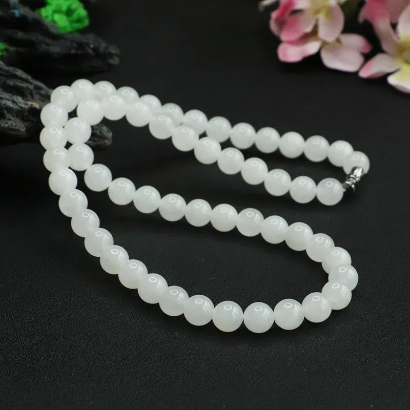 Natural Hetian Jade Necklace, White Jade Bead String Jewelry
