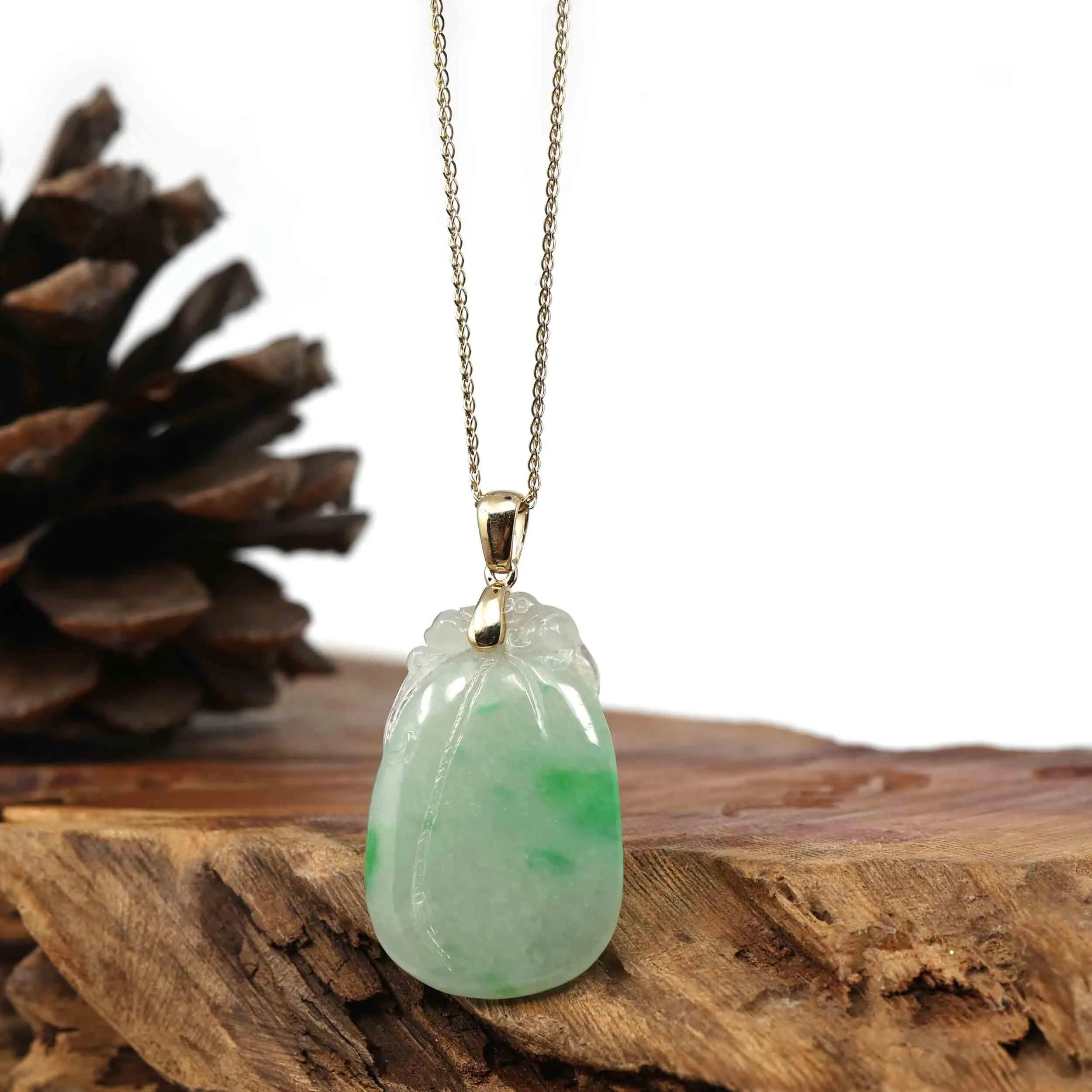 Natural Ice Lavender Jadeite Jade Shou Tao ( Longevity Peach ) Necklace With 14k Yellow Gold Bail