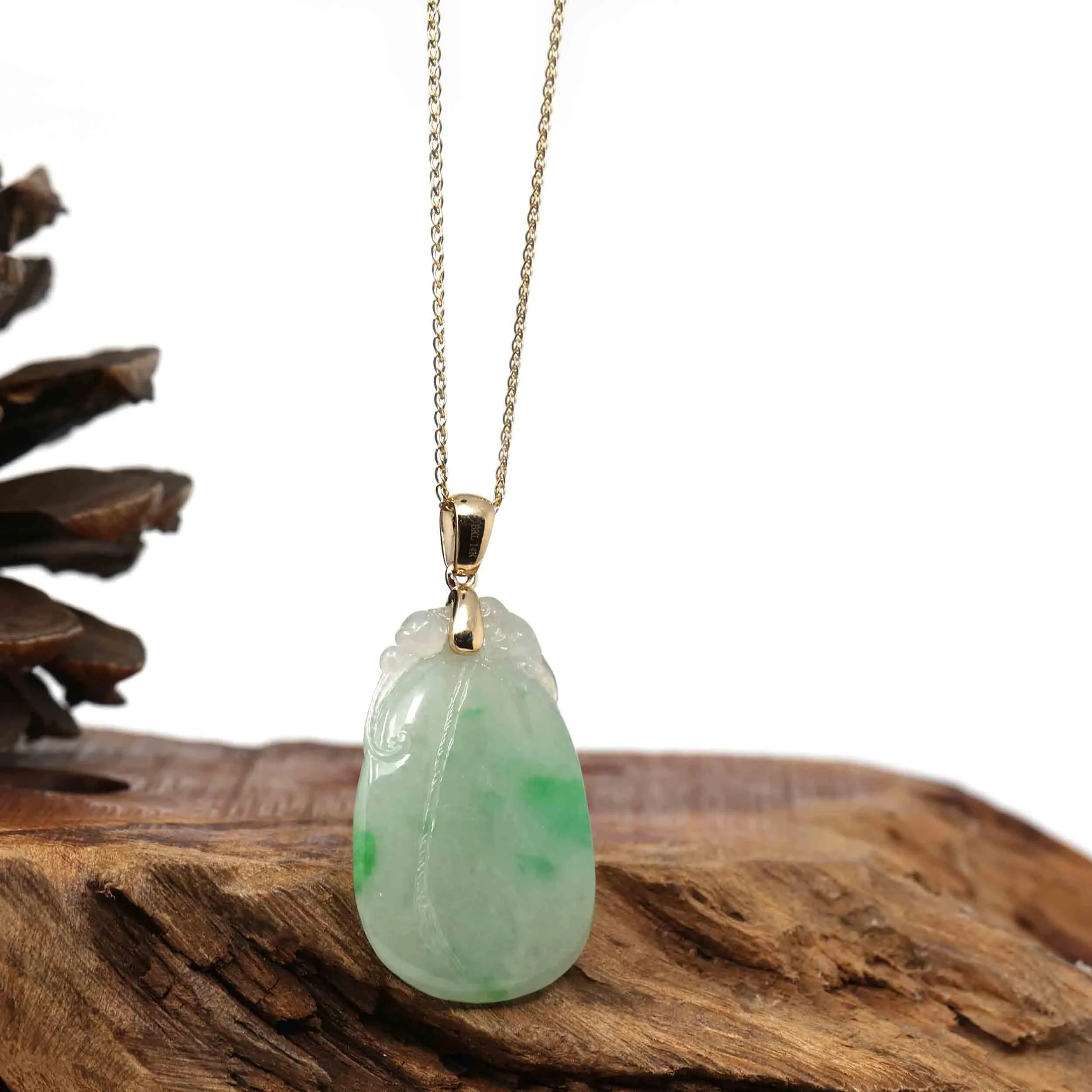 Natural Ice Lavender Jadeite Jade Shou Tao ( Longevity Peach ) Necklace With 14k Yellow Gold Bail
