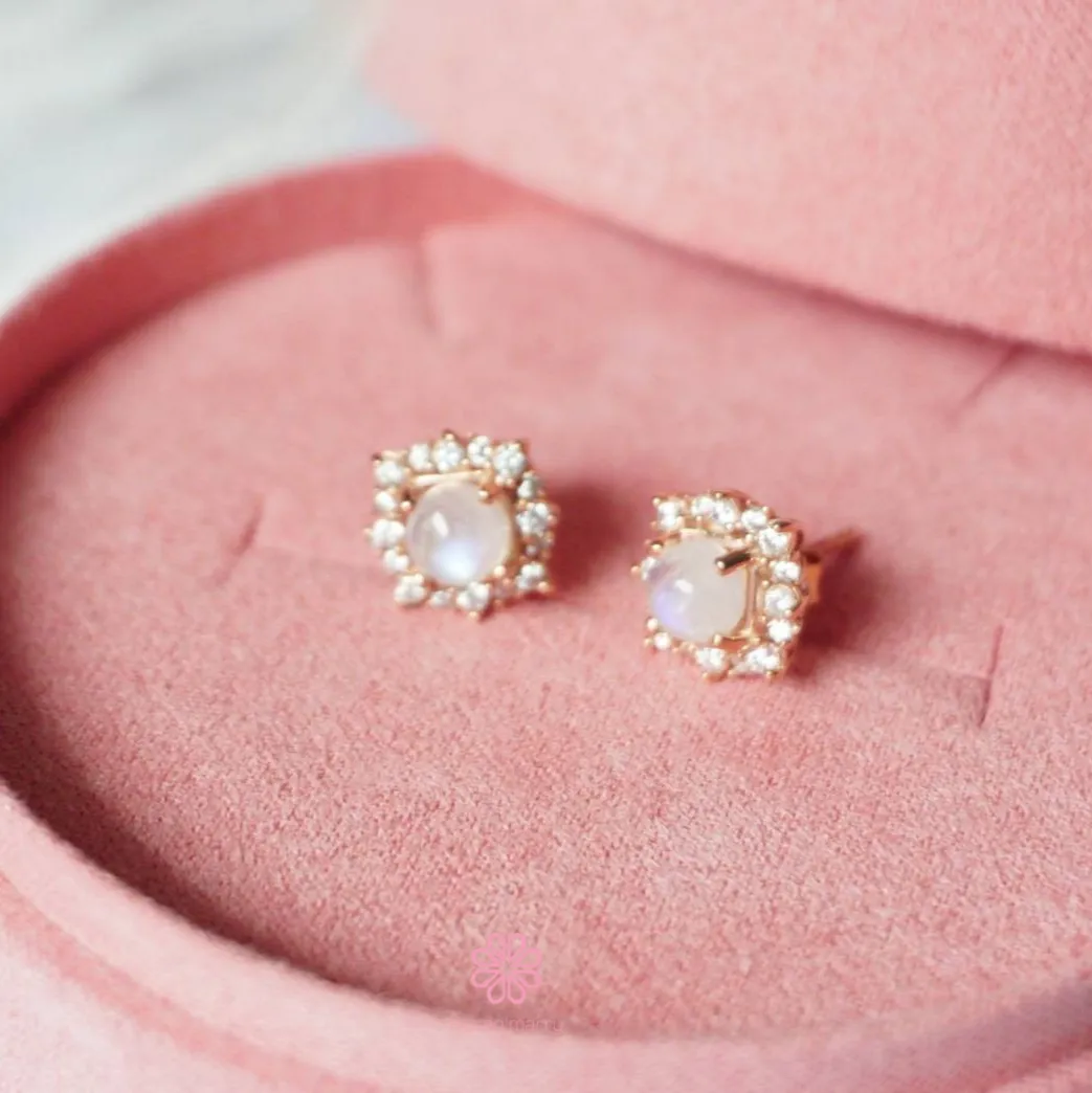Natural Rainbow Moonstone Stud Earrings Sterling Silver925.