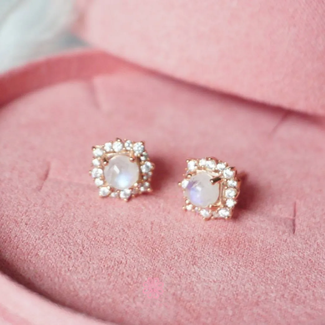 Natural Rainbow Moonstone Stud Earrings Sterling Silver925.