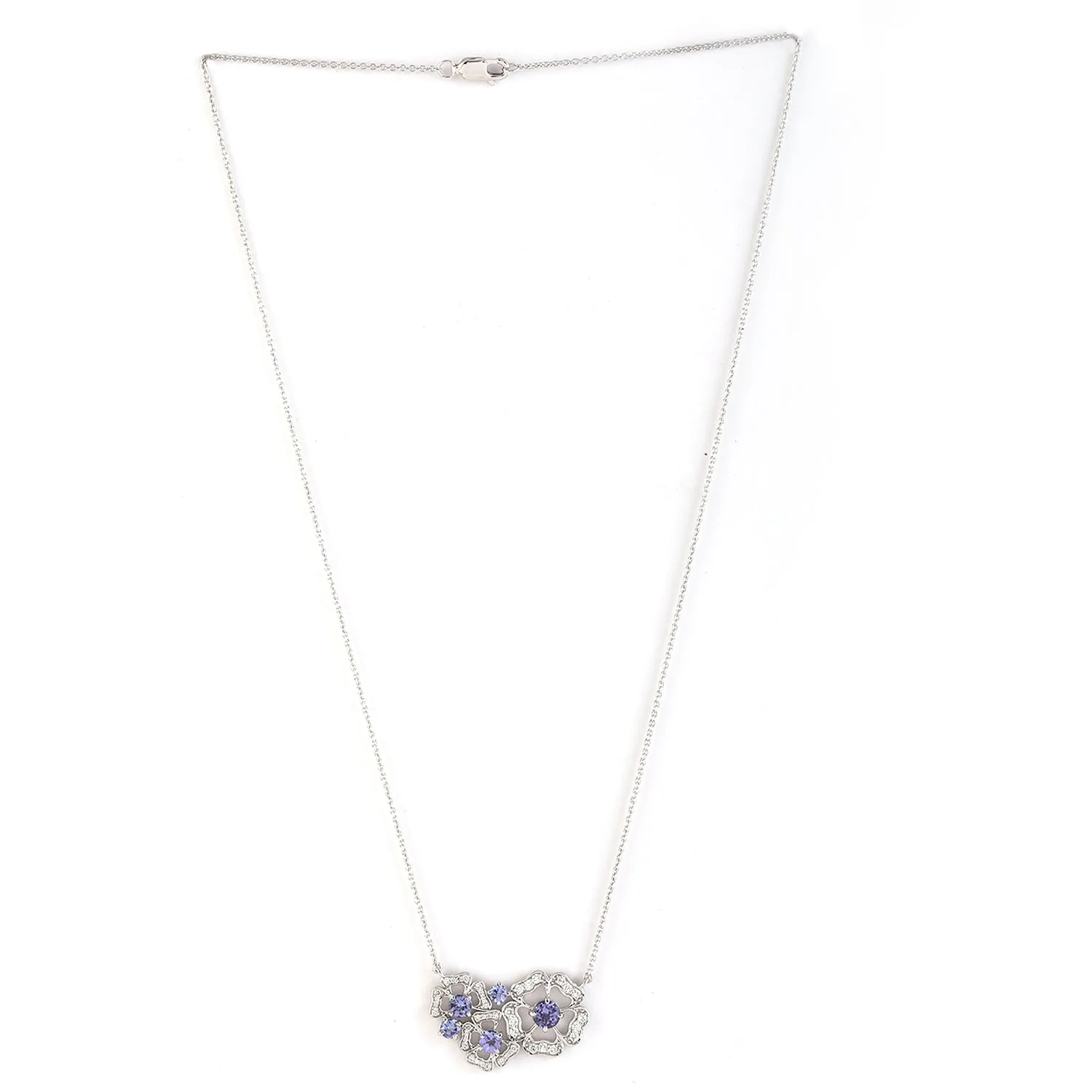 Natural Tanzanite Diamond Clover Design Pendant Chain Necklace In 18k White Gold