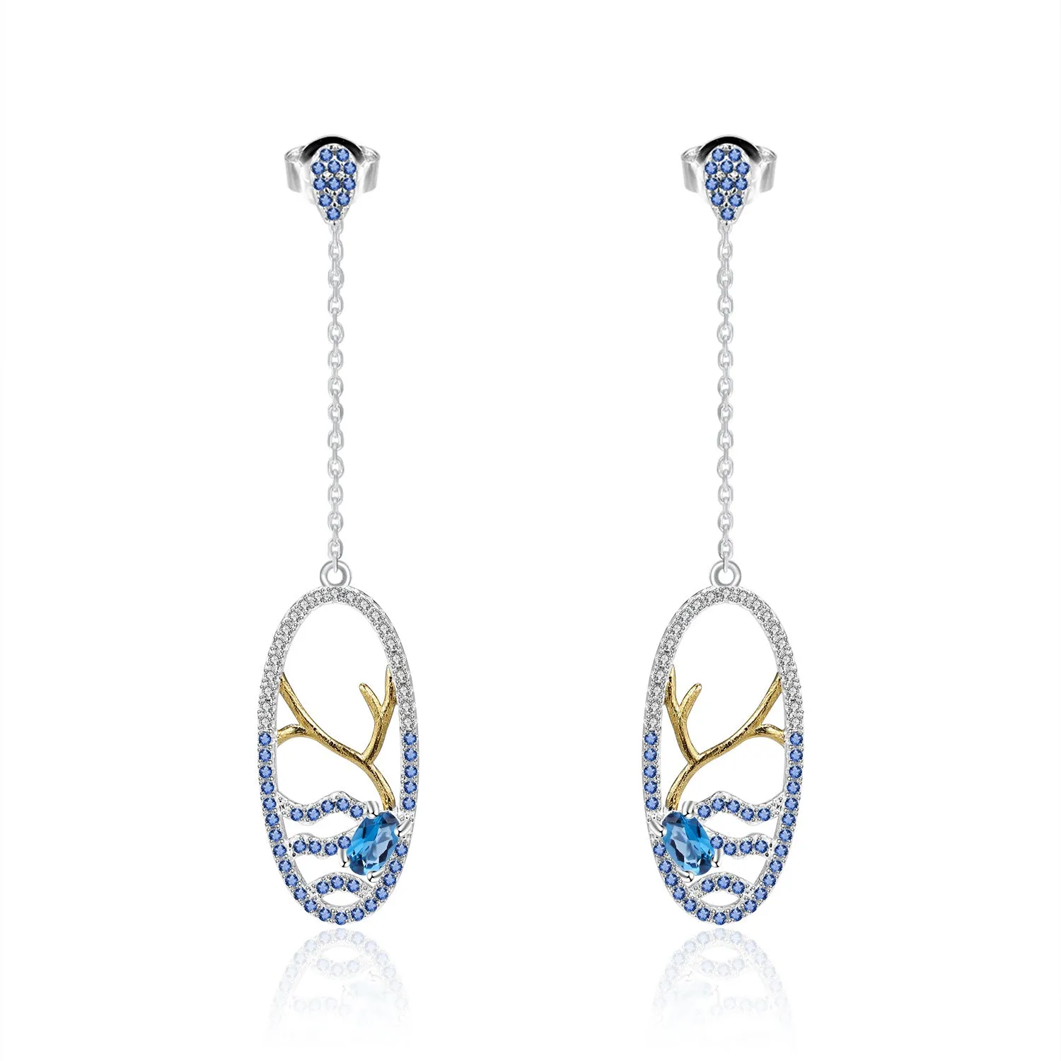 Natural Topaz Lake In Oval Long Design Silver Drop Earrings for Women