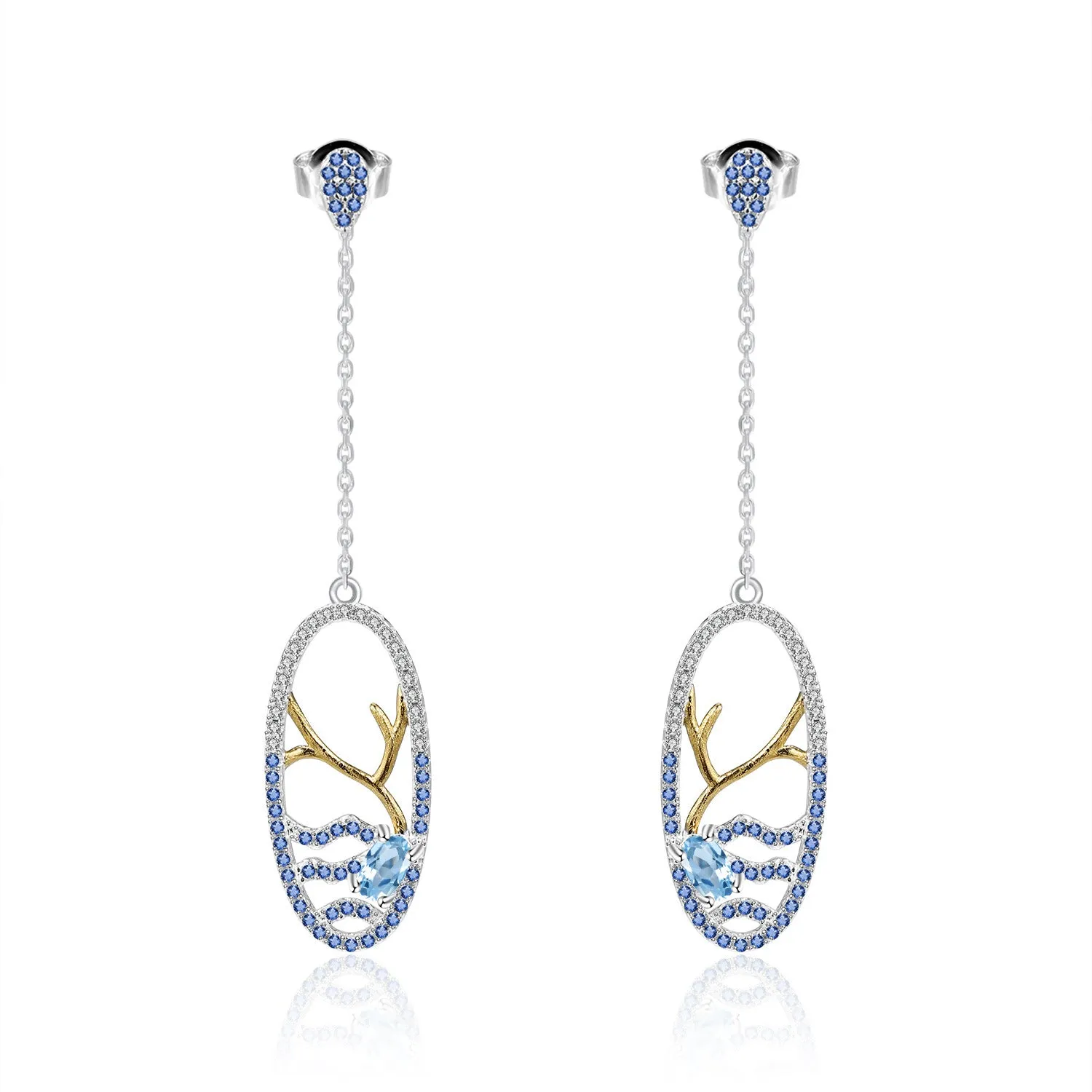 Natural Topaz Lake In Oval Long Design Silver Drop Earrings for Women