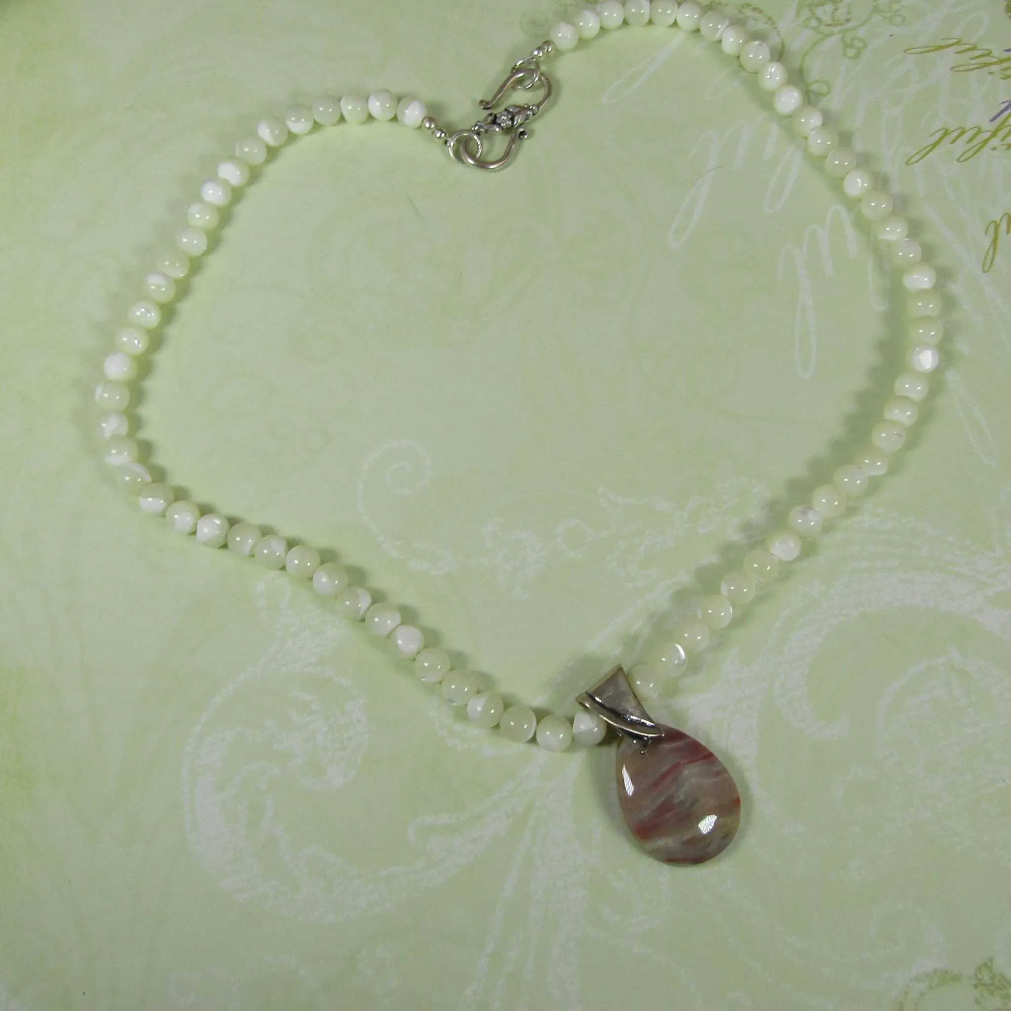 Ocean Wave Jasper on Mother of Pearl Beaded  Necklace