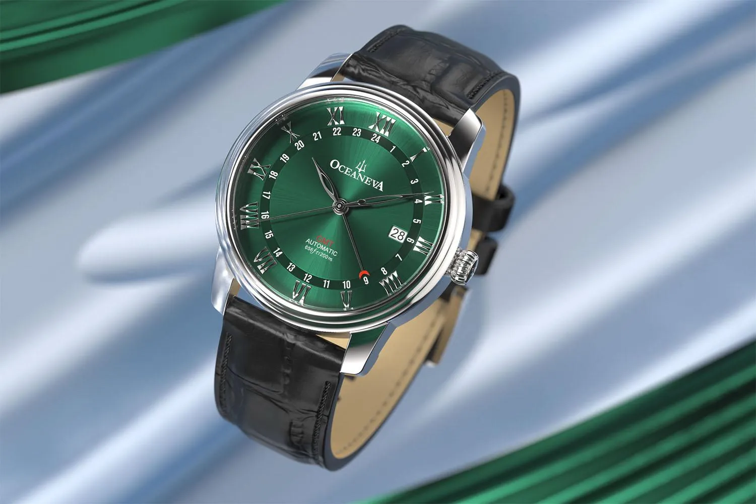 Oceaneva Men's OceanTrek GMT Automatic 200m Leather Green Watch