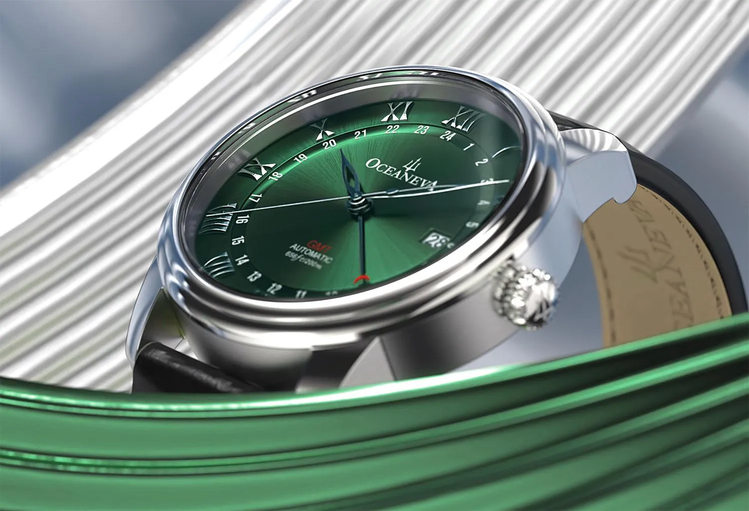 Oceaneva Men's OceanTrek GMT Automatic 200m Leather Green Watch