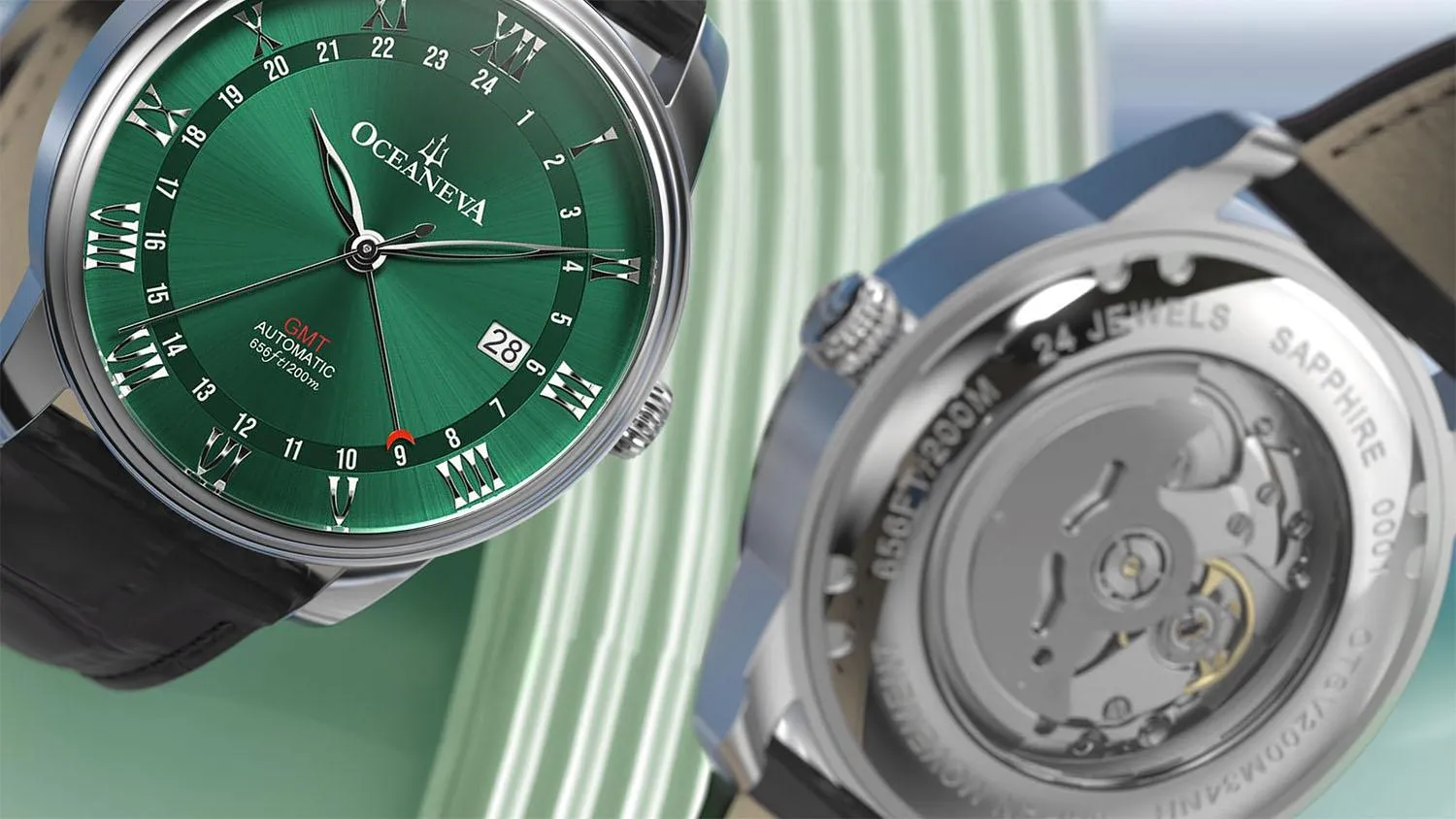 Oceaneva Men's OceanTrek GMT Automatic 200m Leather Green Watch