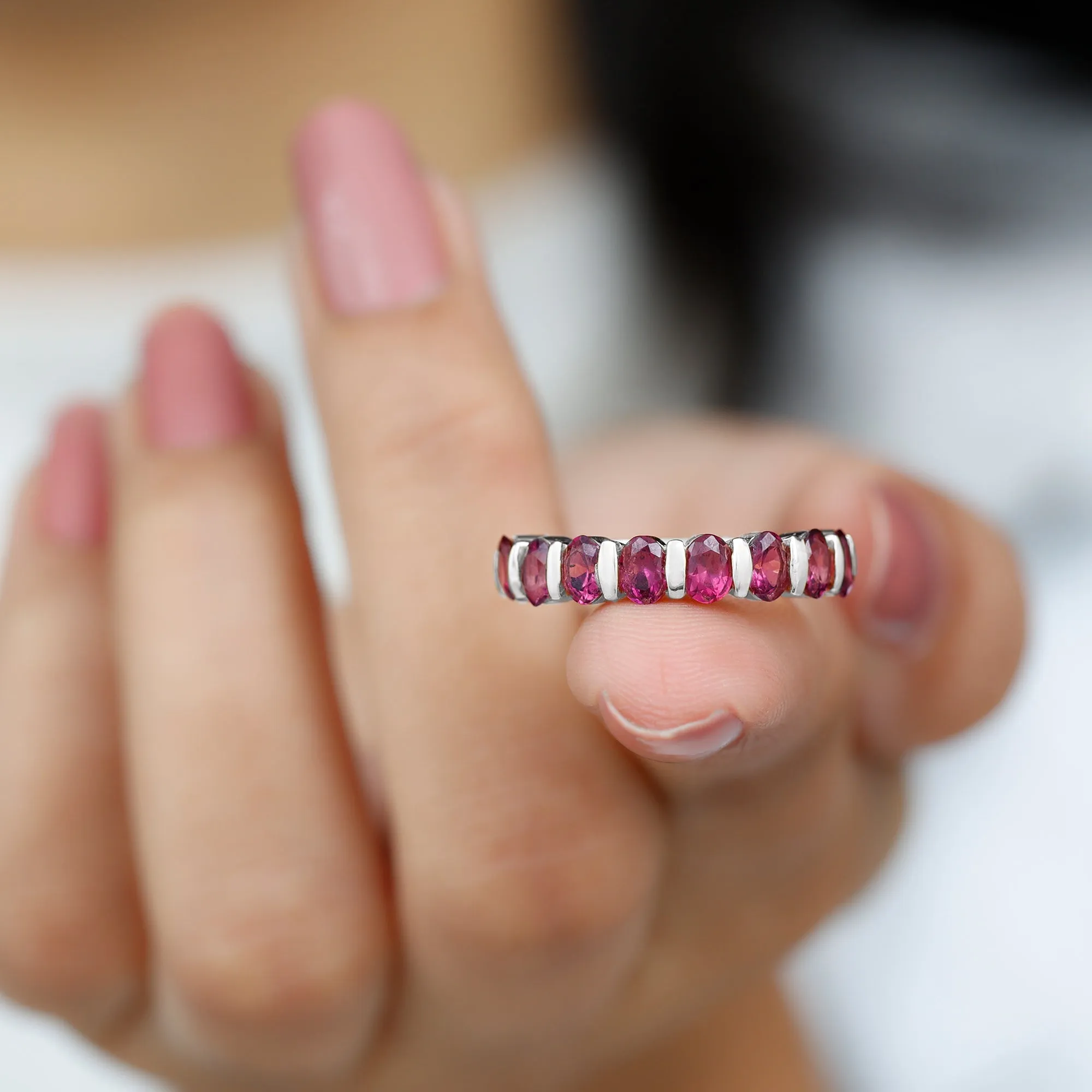 Oval Cut Rhodolite Bar Set Half Eternity Ring for Her