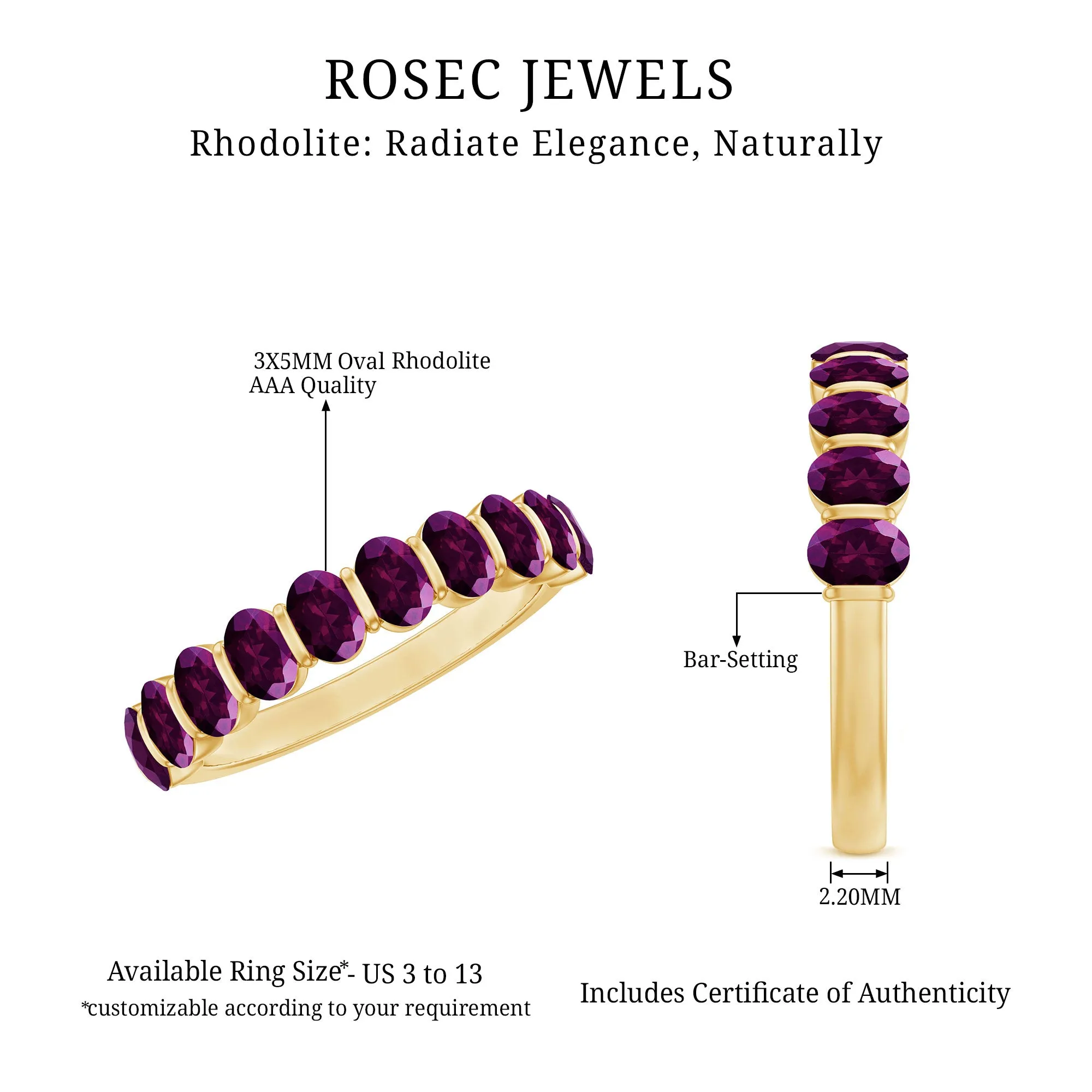 Oval Cut Rhodolite Bar Set Half Eternity Ring for Her