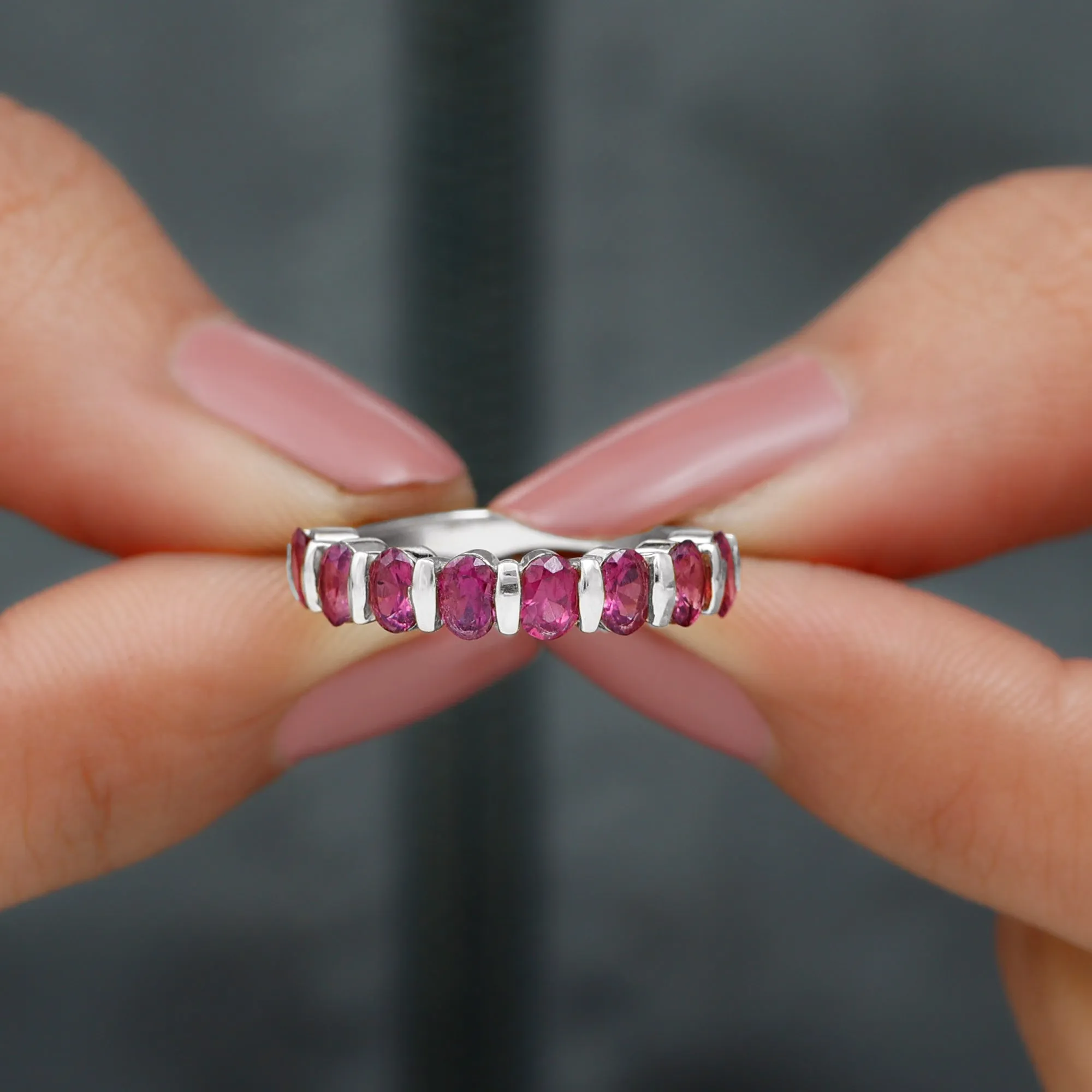 Oval Cut Rhodolite Bar Set Half Eternity Ring for Her