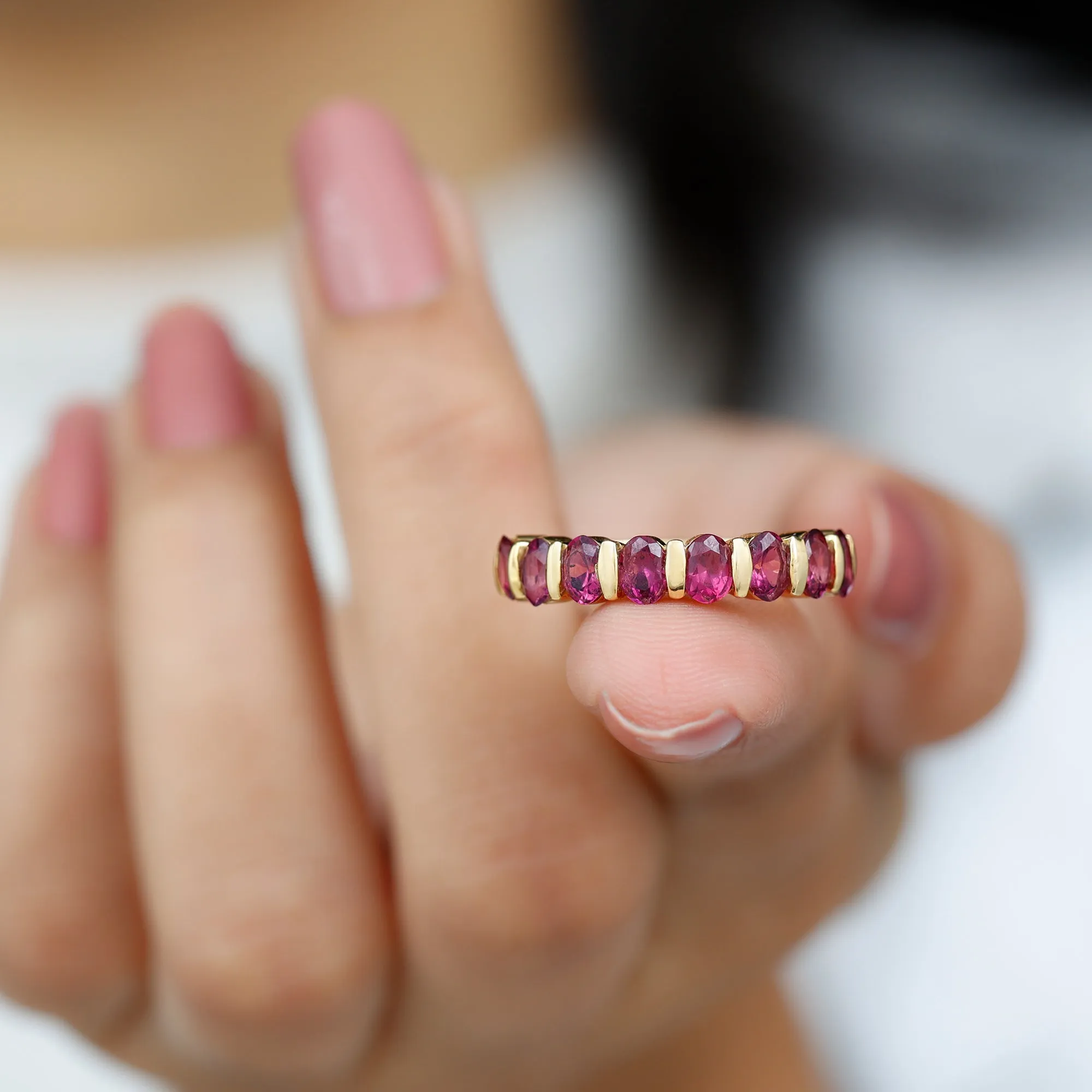 Oval Cut Rhodolite Bar Set Half Eternity Ring for Her