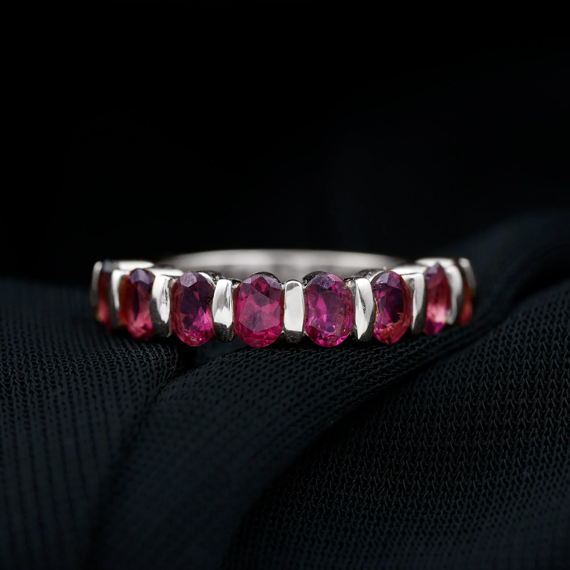 Oval Cut Rhodolite Bar Set Half Eternity Ring for Her