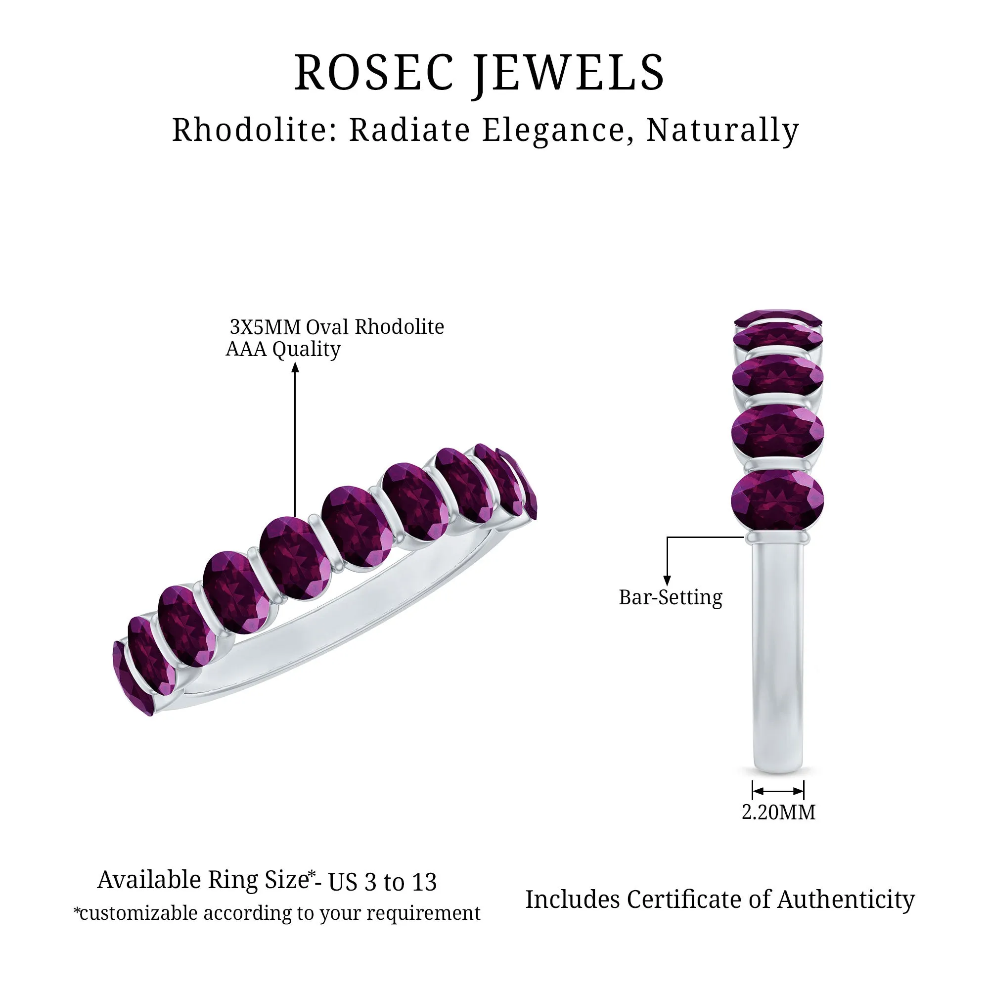 Oval Cut Rhodolite Bar Set Half Eternity Ring for Her