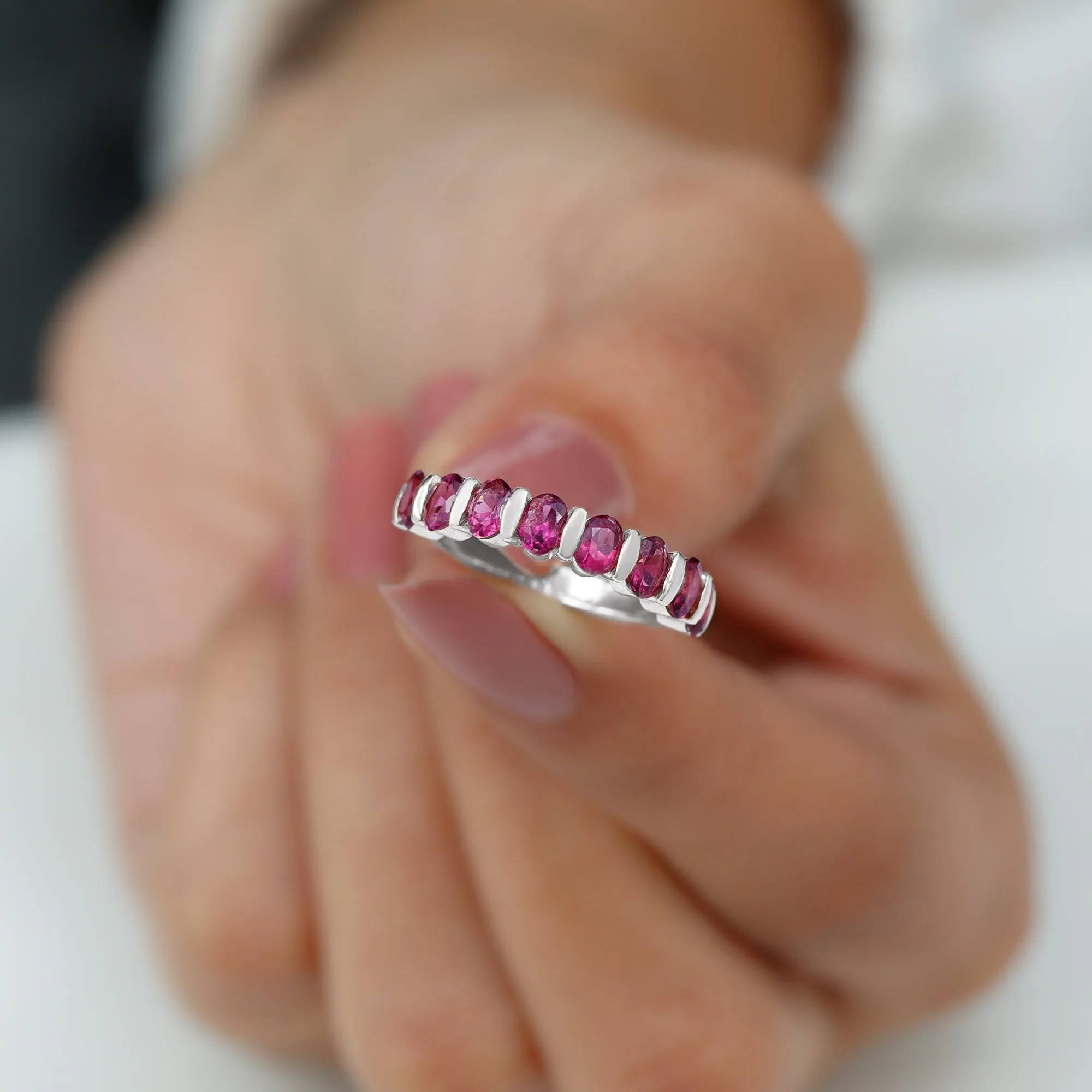 Oval Cut Rhodolite Bar Set Half Eternity Ring for Her