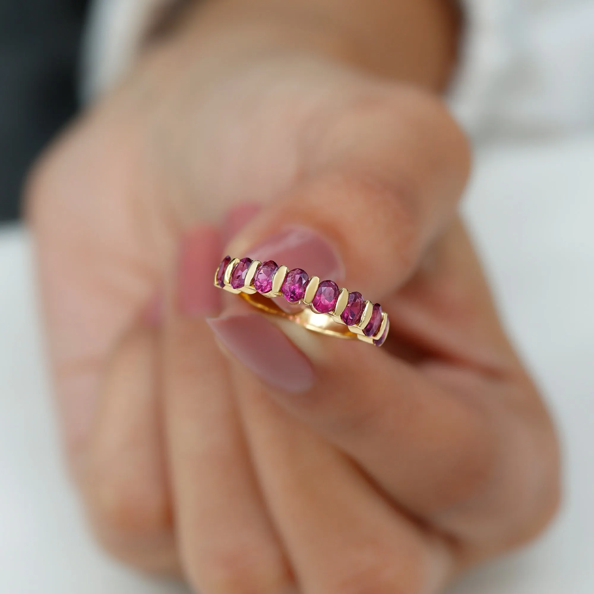 Oval Cut Rhodolite Bar Set Half Eternity Ring for Her